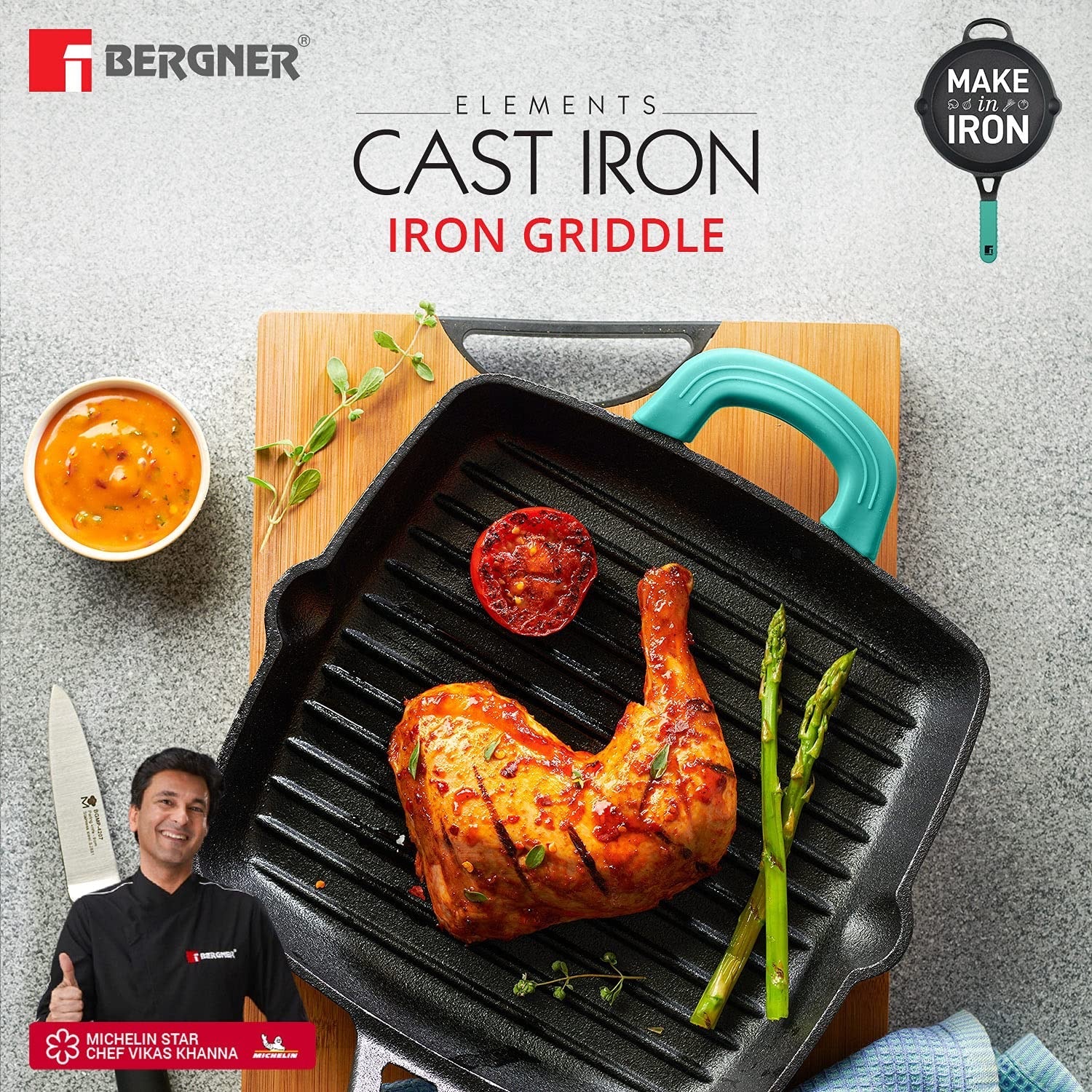 Bergner Elements Pre-Seasoned Cast Iron 27 cm Grill Pan, Comes with Silicon Handle Sleeves - Induction Bottom (Teal)