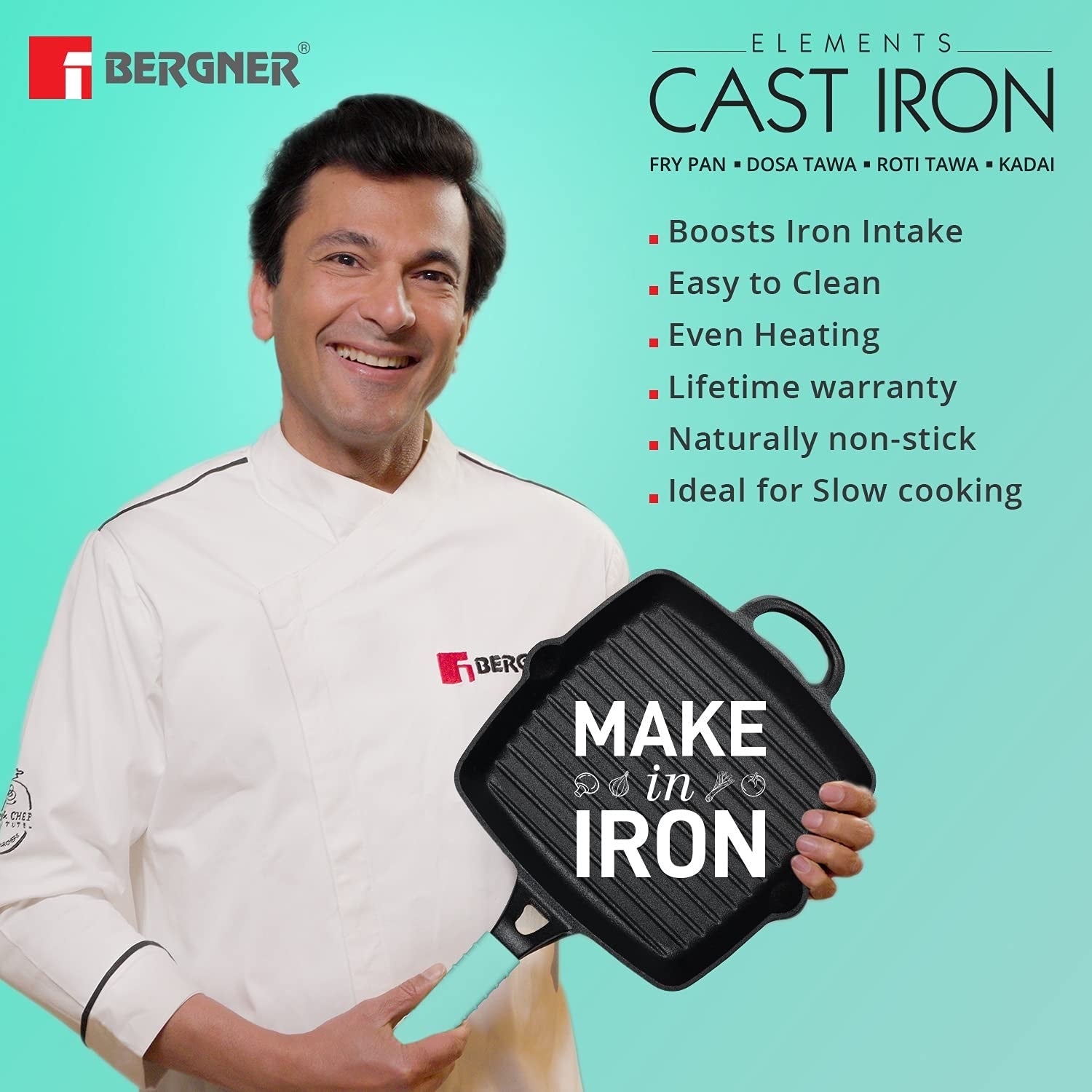 Bergner Elements Pre-Seasoned Cast Iron 27 cm Grill Pan, Comes with Silicon Handle Sleeves - Induction Bottom (Teal)