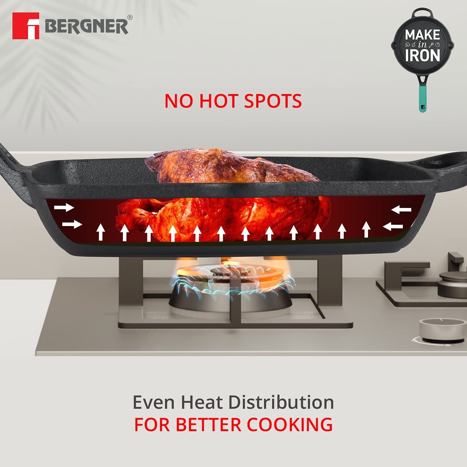 Bergner Elements Pre-Seasoned Cast Iron 27 cm Grill Pan, Comes with Silicon Handle Sleeves - Induction Bottom (Teal)