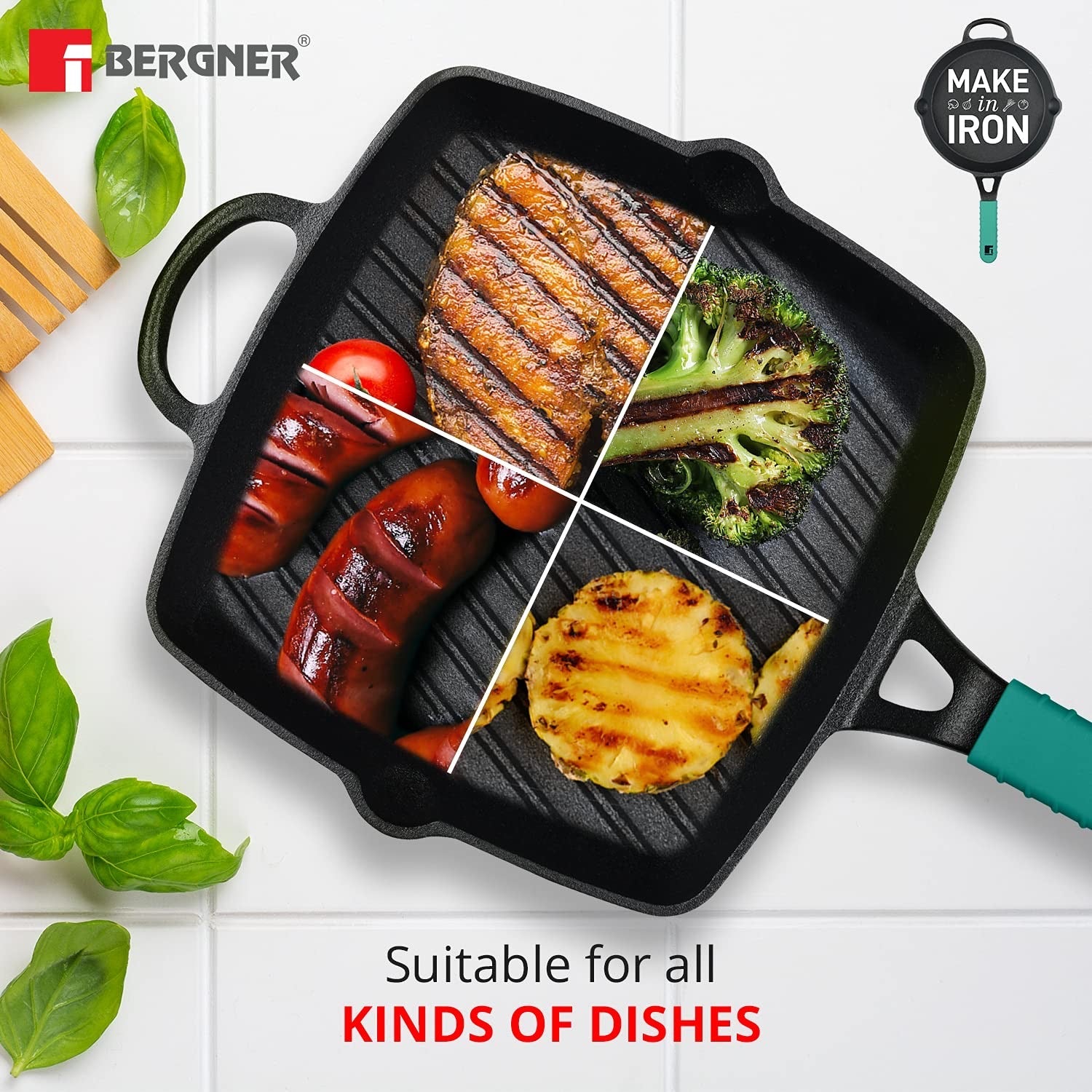 Bergner Elements Pre-Seasoned Cast Iron 27 cm Grill Pan, Comes with Silicon Handle Sleeves - Induction Bottom (Teal)