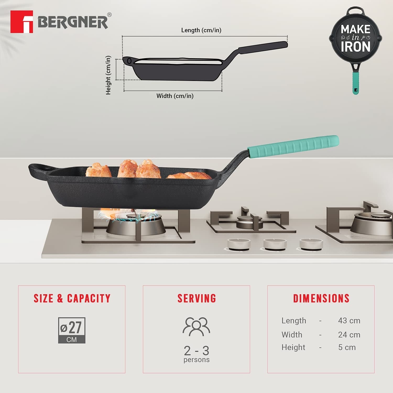 Bergner Elements Pre-Seasoned Cast Iron 27 cm Grill Pan, Comes with Silicon Handle Sleeves - Induction Bottom (Teal)