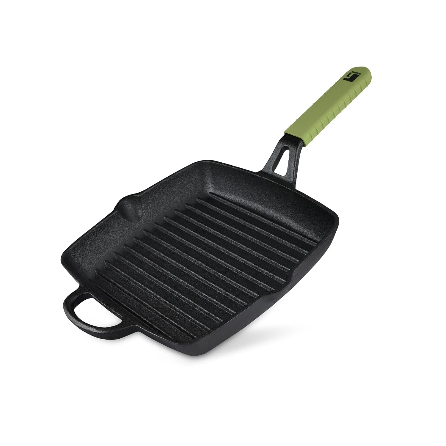 Bergner Elements Pre-Seasoned Cast Iron 27 cm Grill Pan, Comes with Silicon Handle Sleeves - Induction Bottom (Olive Green)