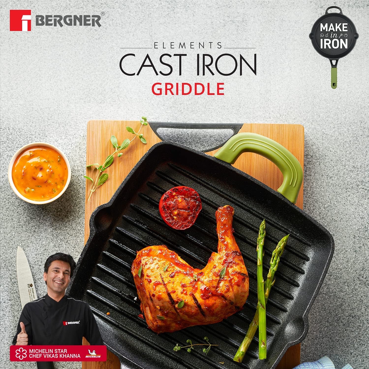 Bergner Elements Pre-Seasoned Cast Iron 27 cm Grill Pan, Comes with Silicon Handle Sleeves - Induction Bottom (Olive Green)