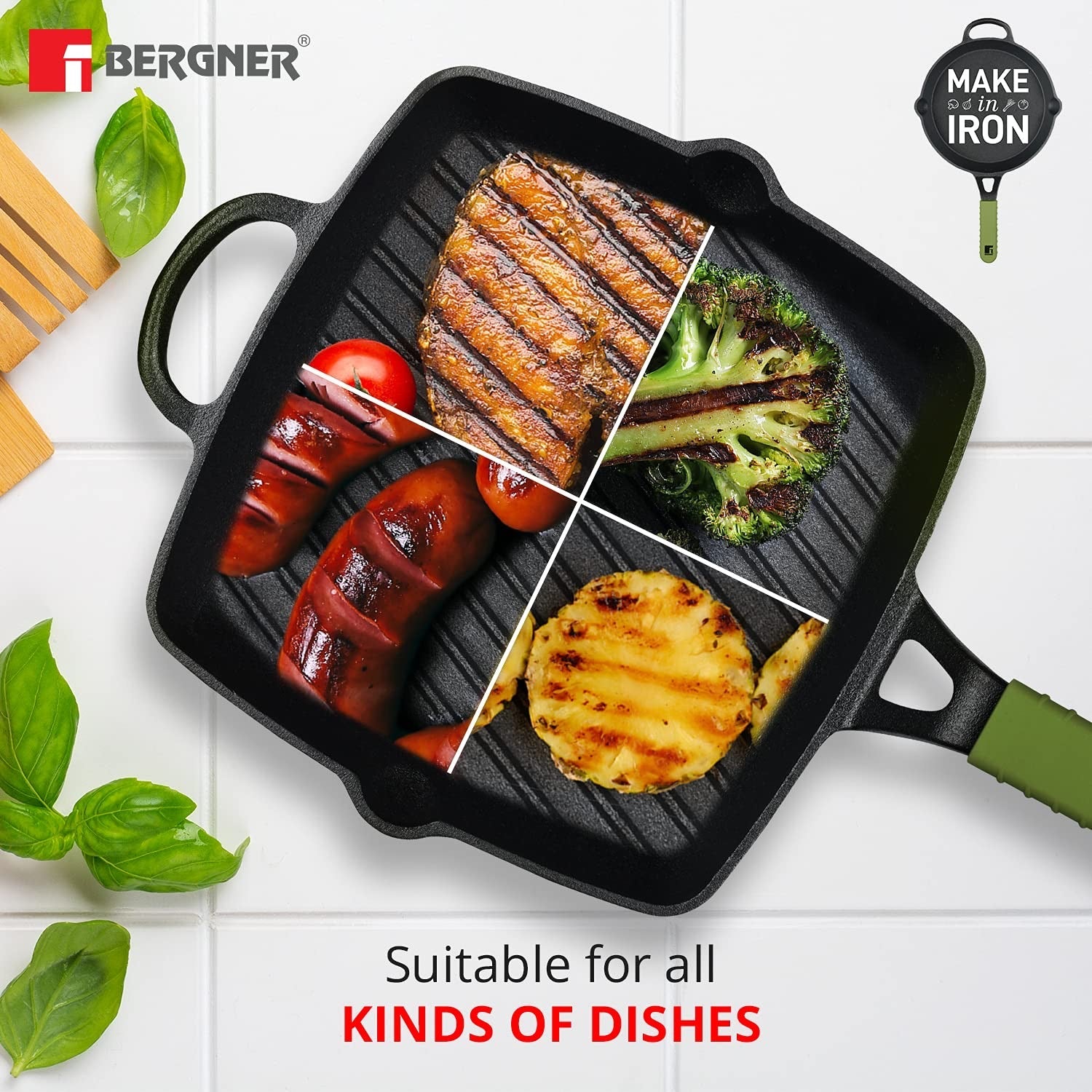 Bergner Elements Pre-Seasoned Cast Iron 27 cm Grill Pan, Comes with Silicon Handle Sleeves - Induction Bottom (Olive Green)