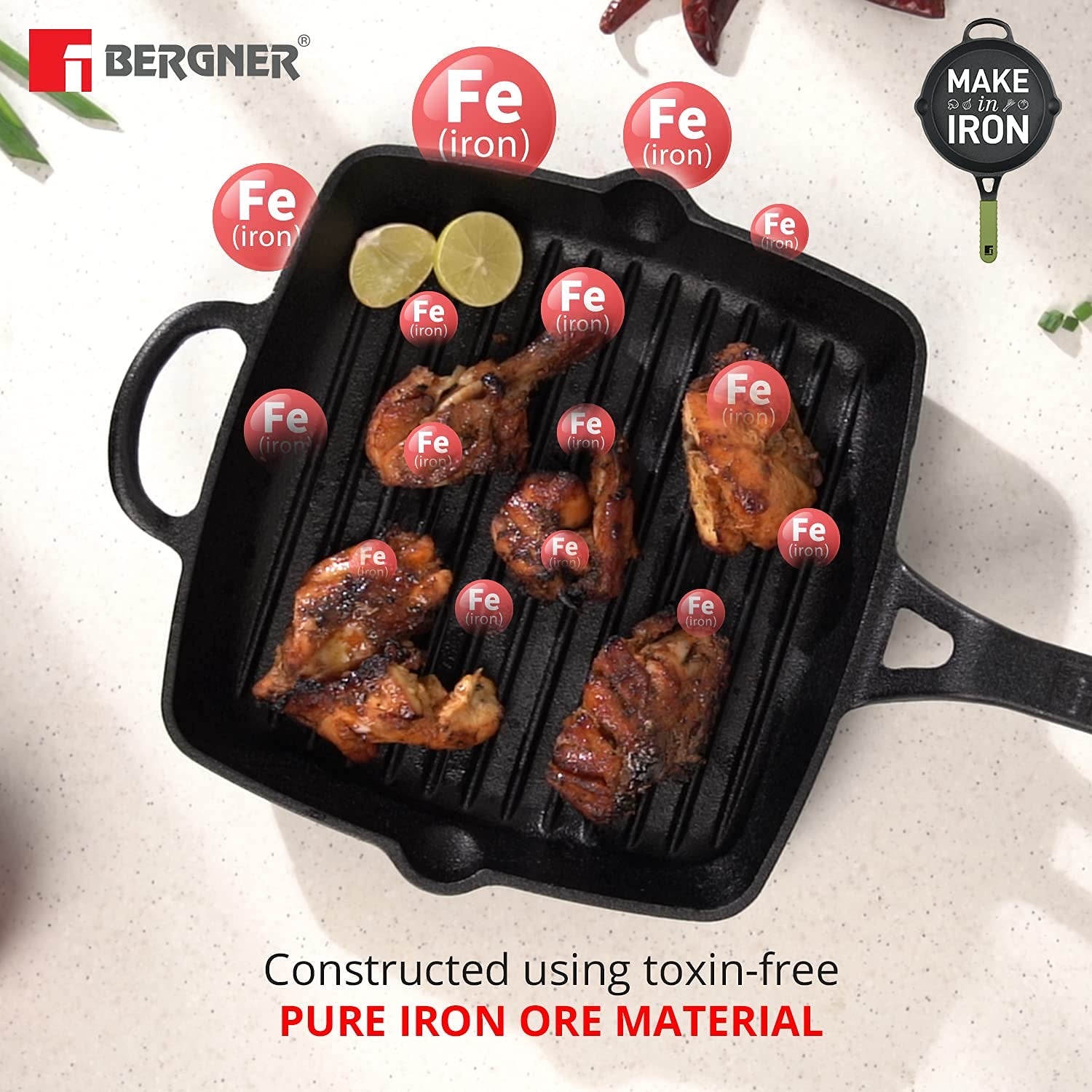 Bergner Elements Pre-Seasoned Cast Iron 27 cm Grill Pan, Comes with Silicon Handle Sleeves - Induction Bottom (Olive Green)