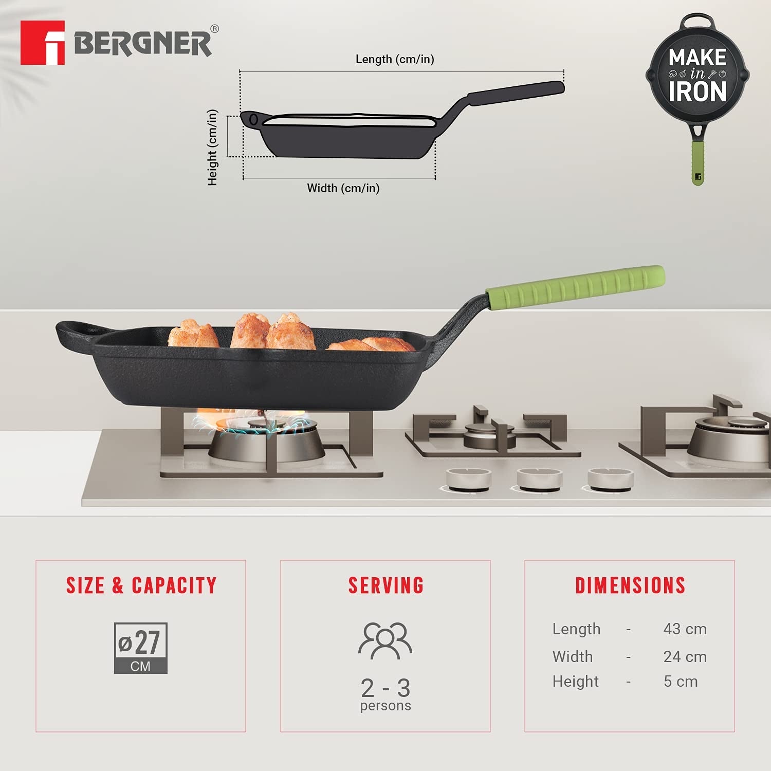 Bergner Elements Pre-Seasoned Cast Iron 27 cm Grill Pan, Comes with Silicon Handle Sleeves - Induction Bottom (Olive Green)