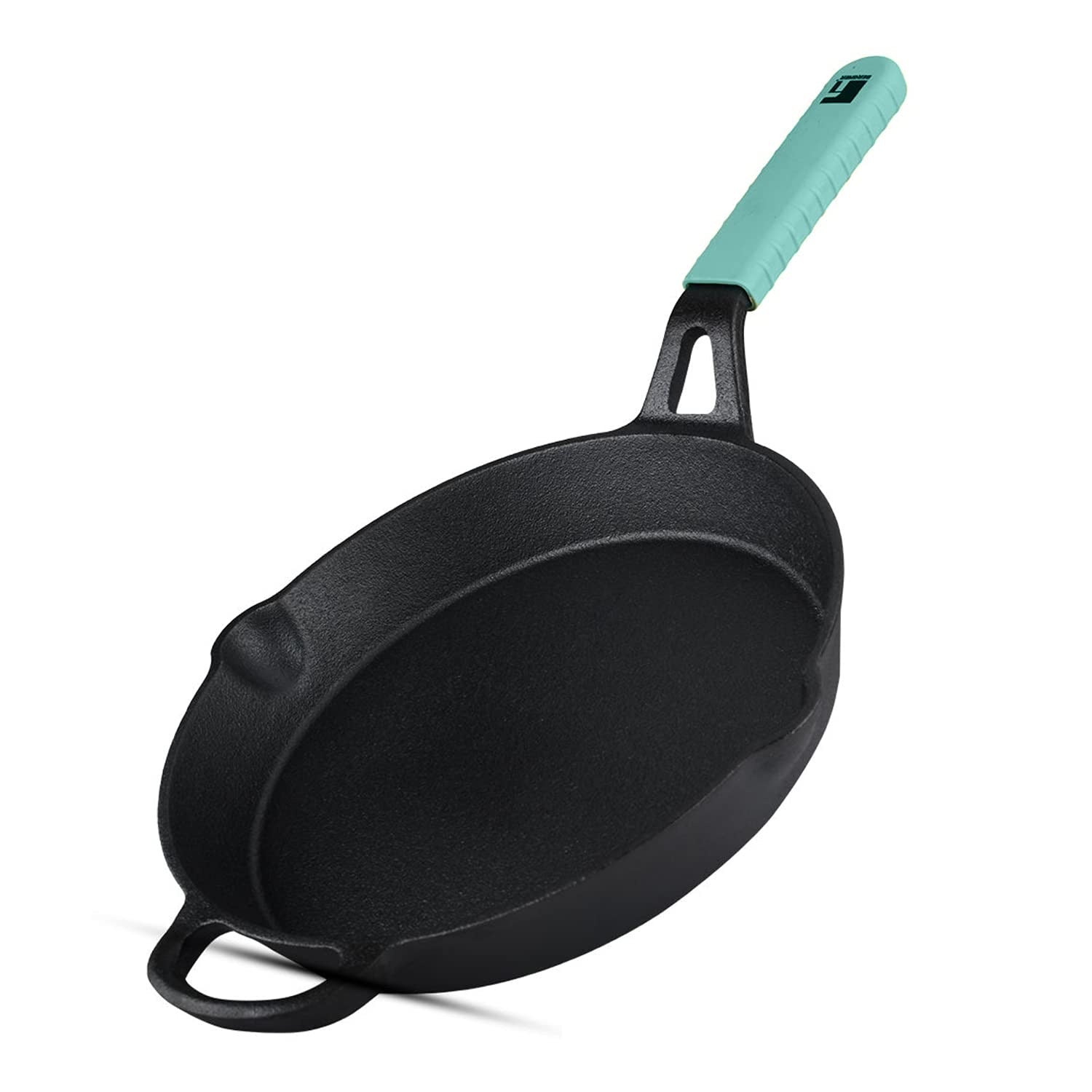 Bergner Elements Pre-Seasoned Cast Iron 26 cm Frypan, Comes with Silicon Handle Sleeves - Induction Bottom (Teal)