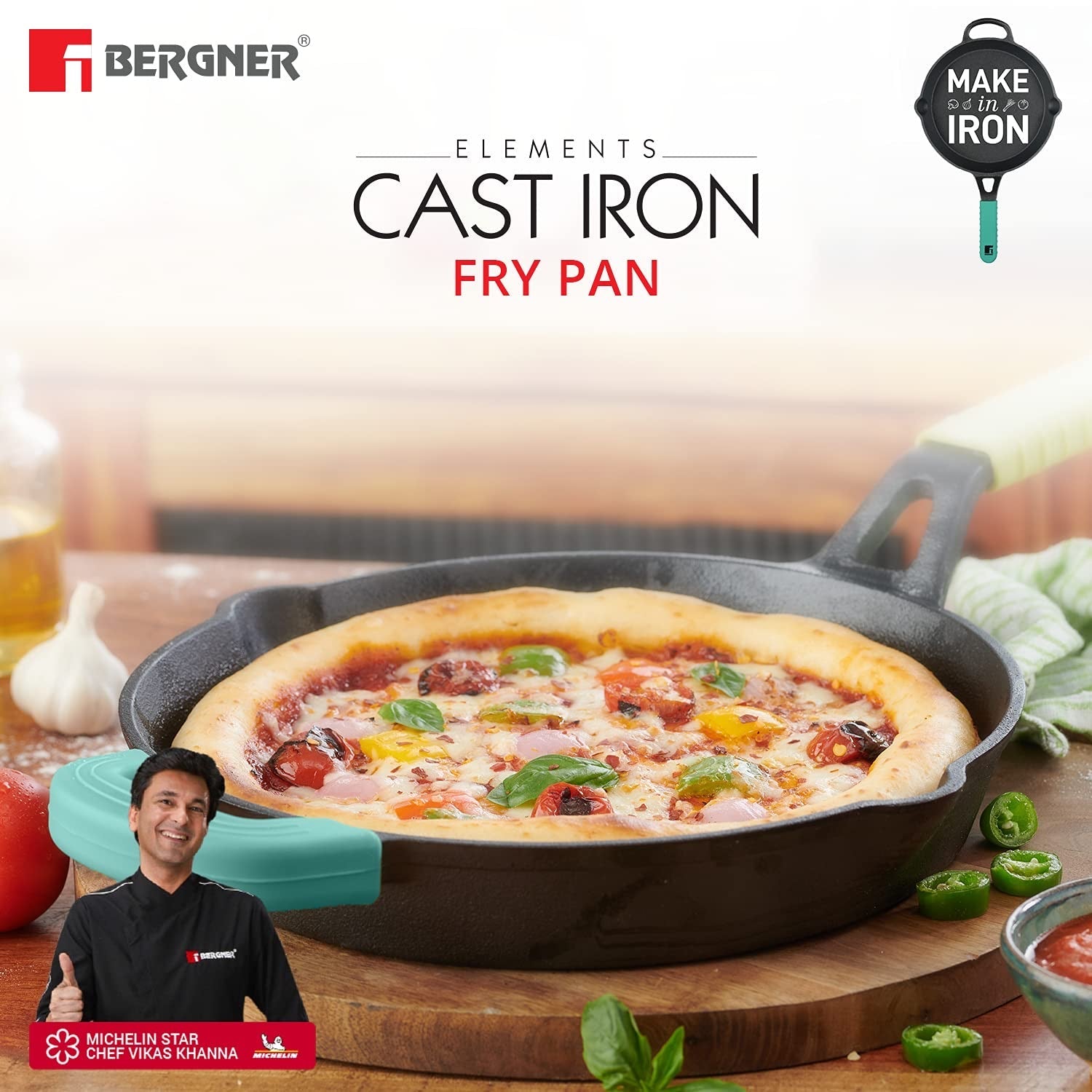 Bergner Elements Pre-Seasoned Cast Iron 26 cm Frypan, Comes with Silicon Handle Sleeves - Induction Bottom (Teal)