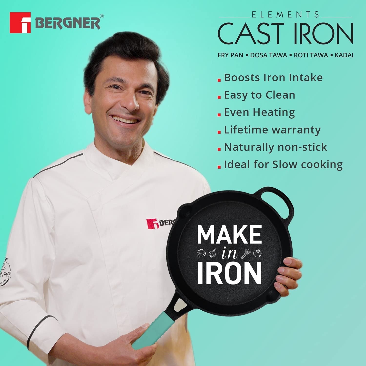 Bergner Elements Pre-Seasoned Cast Iron 26 cm Frypan, Comes with Silicon Handle Sleeves - Induction Base (Teal)