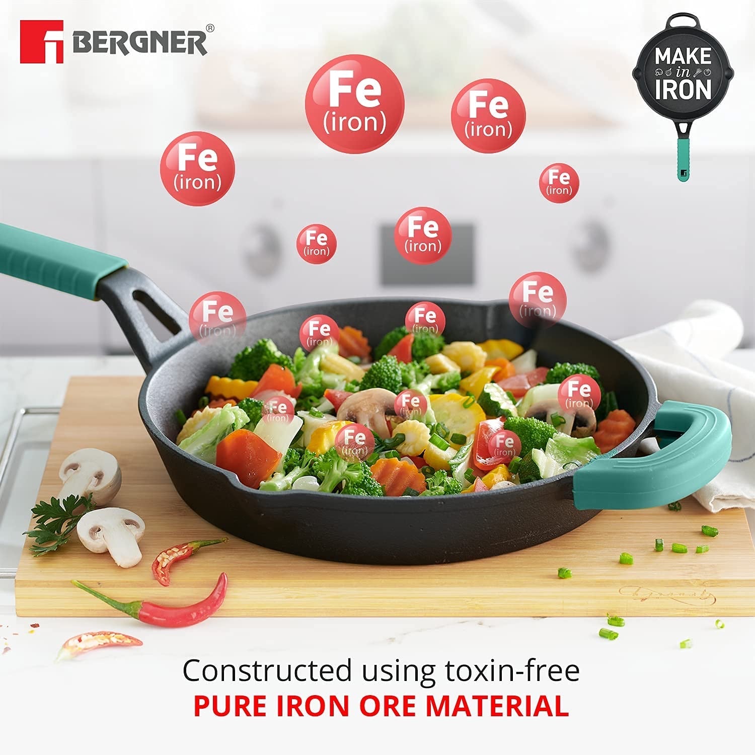 Bergner Elements Pre-Seasoned Cast Iron 26 cm Frypan, Comes with Silicon Handle Sleeves - Induction Base (Teal)