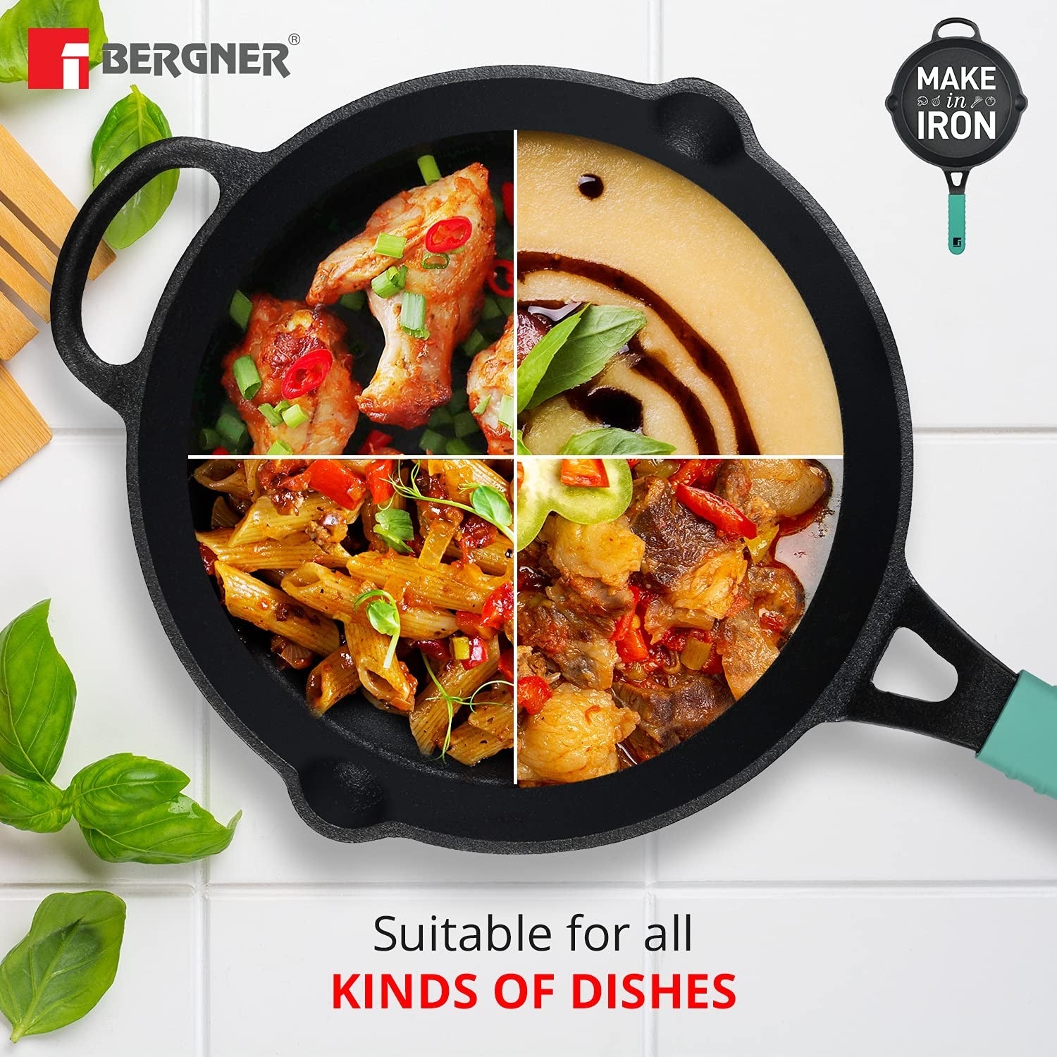 Bergner Elements Pre-Seasoned Cast Iron 26 cm Frypan, Comes with Silicon Handle Sleeves - Induction Base (Teal)