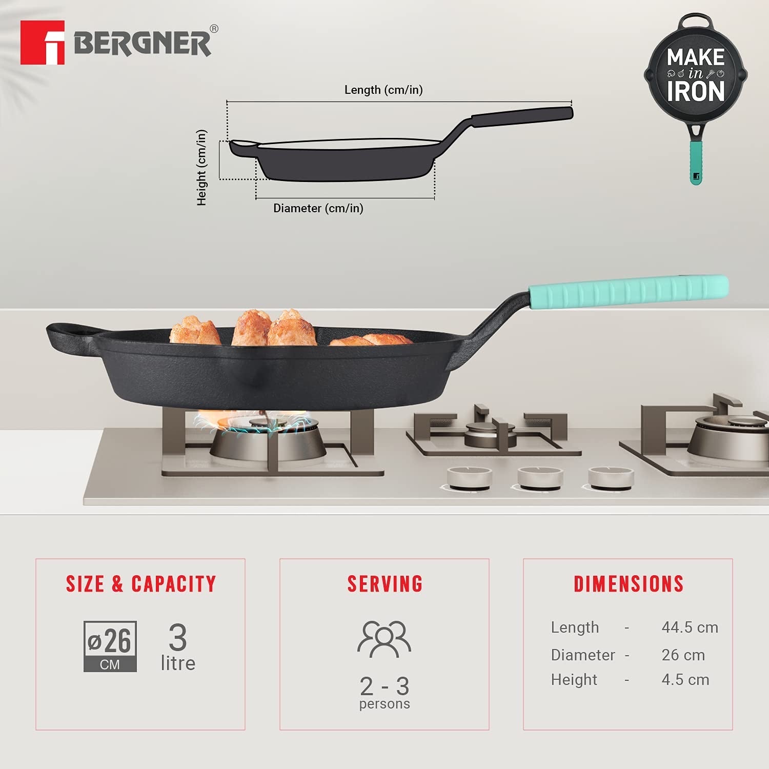 Bergner Elements Pre-Seasoned Cast Iron 26 cm Frypan, Comes with Silicon Handle Sleeves - Induction Base (Teal)