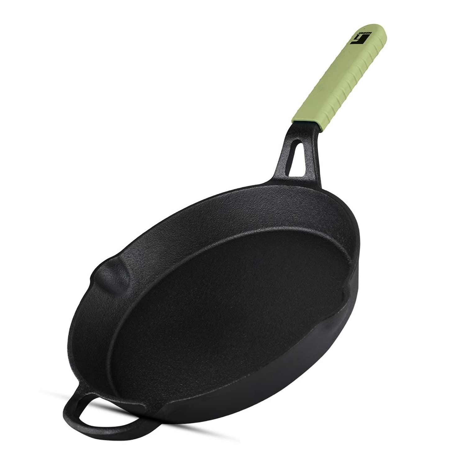 Bergner Elements Pre-Seasoned Cast Iron 26 cm Frypan, Comes with Silicon Handle Sleeves - Induction Bottom (Olive Green)