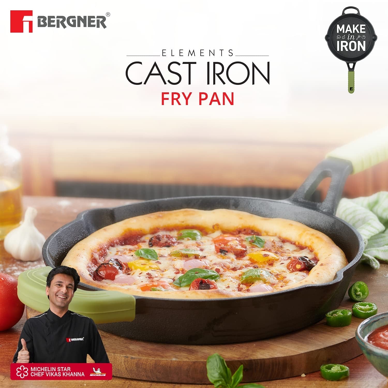 Bergner Elements Pre-Seasoned Cast Iron 26 cm Frypan, Comes with Silicon Handle Sleeves - Induction Bottom (Olive Green)