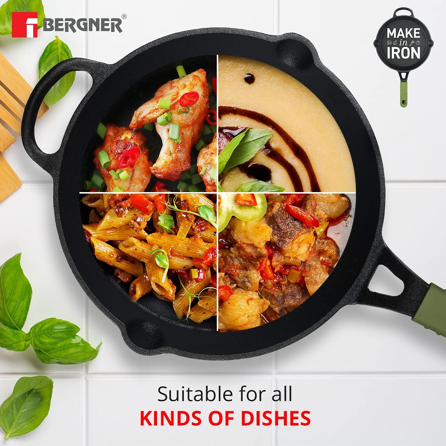 Bergner Elements Pre-Seasoned Cast Iron 26 cm Frypan, Comes with Silicon Handle Sleeves - Induction Base (Olive Green)