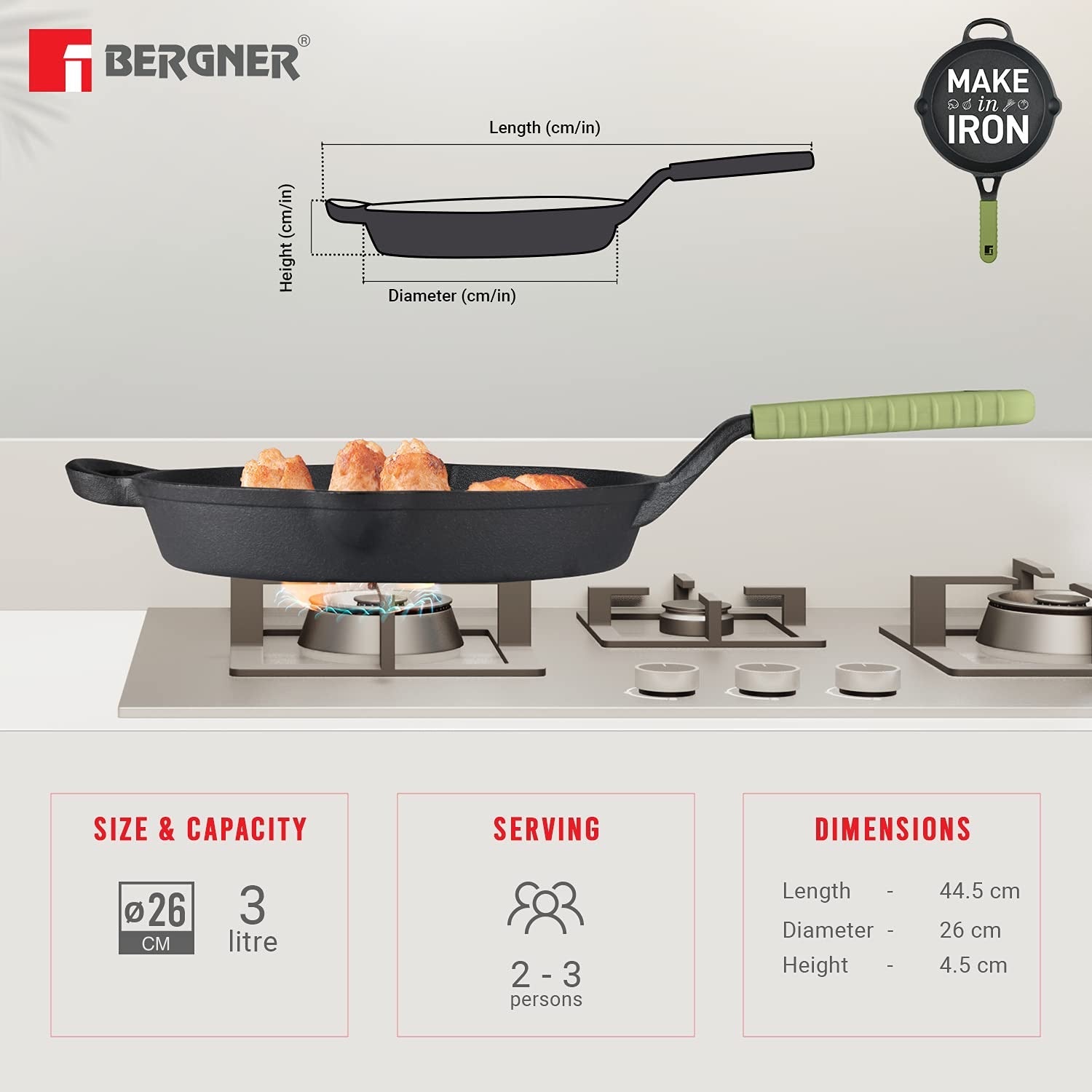 Bergner Elements Pre-Seasoned Cast Iron 26 cm Frypan, Comes with Silicon Handle Sleeves - Induction Base (Olive Green)