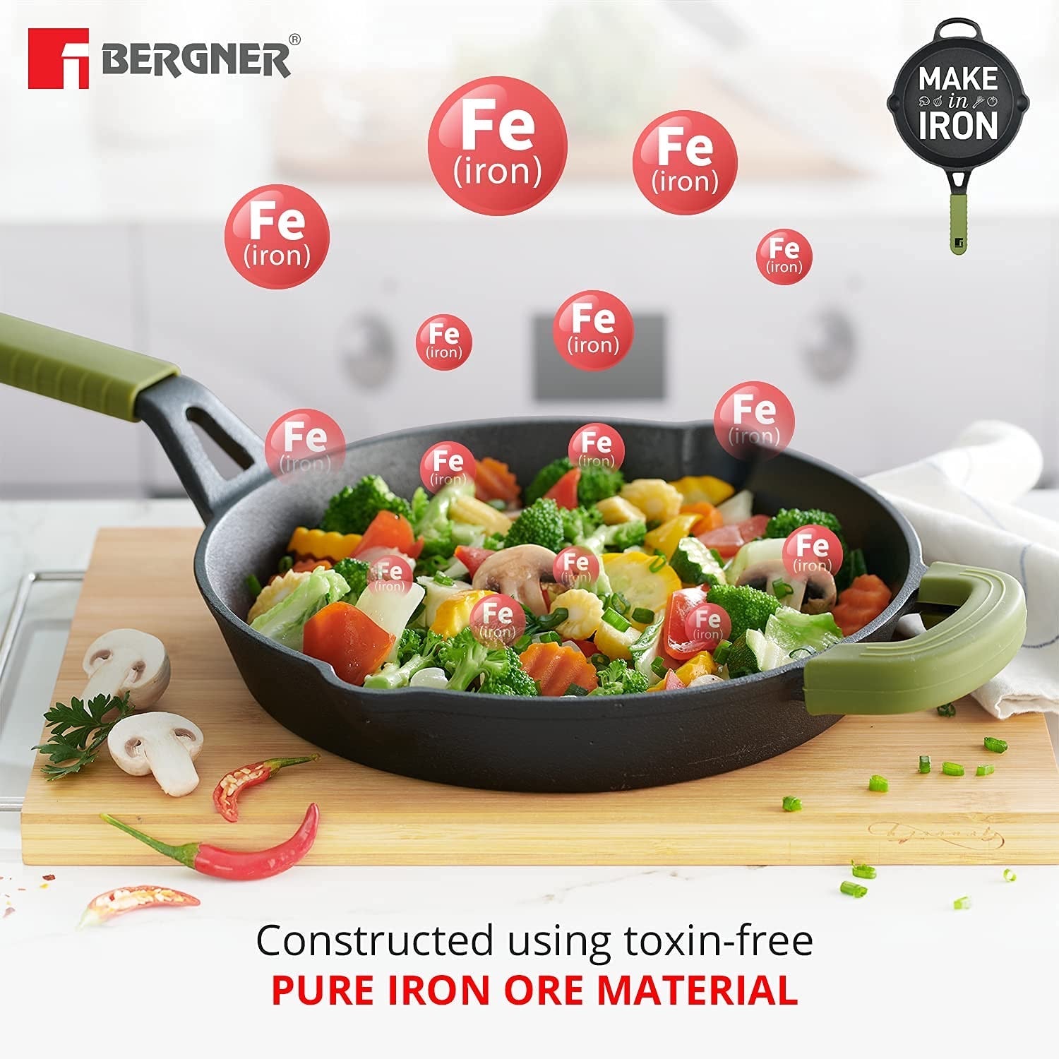 Bergner Elements Pre-Seasoned Cast Iron 26 cm Frypan, Comes with Silicon Handle Sleeves - Induction Base (Olive Green)