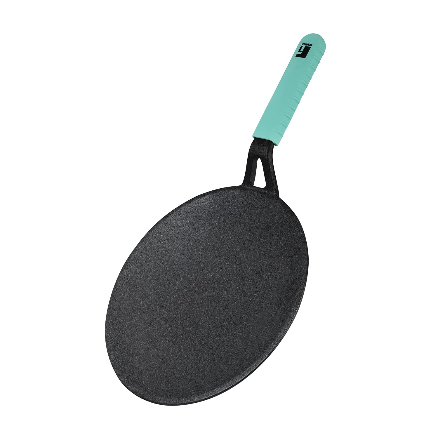 Bergner Elements Cast Iron Concave Tawa, Comes with Silicone Sleeve for Handle - Induction Bottom (Teal)