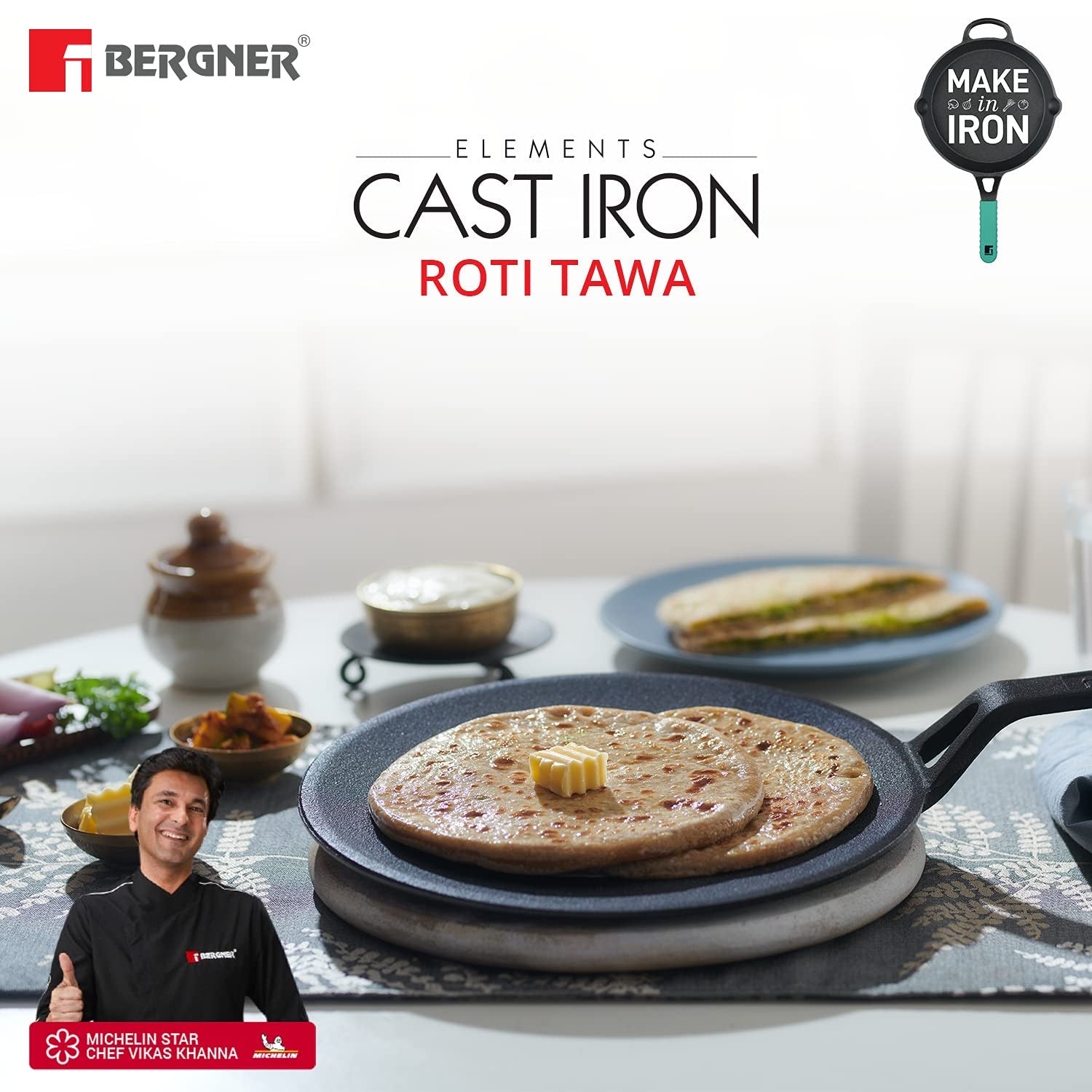 Bergner Elements Cast Iron Concave Tawa, Comes with Silicone Sleeve for Handle - Induction Bottom (Teal)