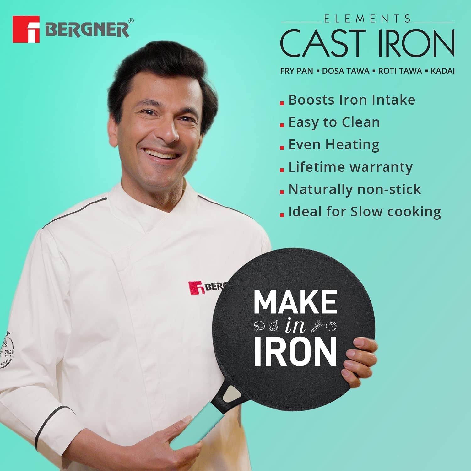 Bergner Elements Cast Iron Concave Tawa, Comes with Silicone Sleeve for Handle - Induction Bottom (Teal)