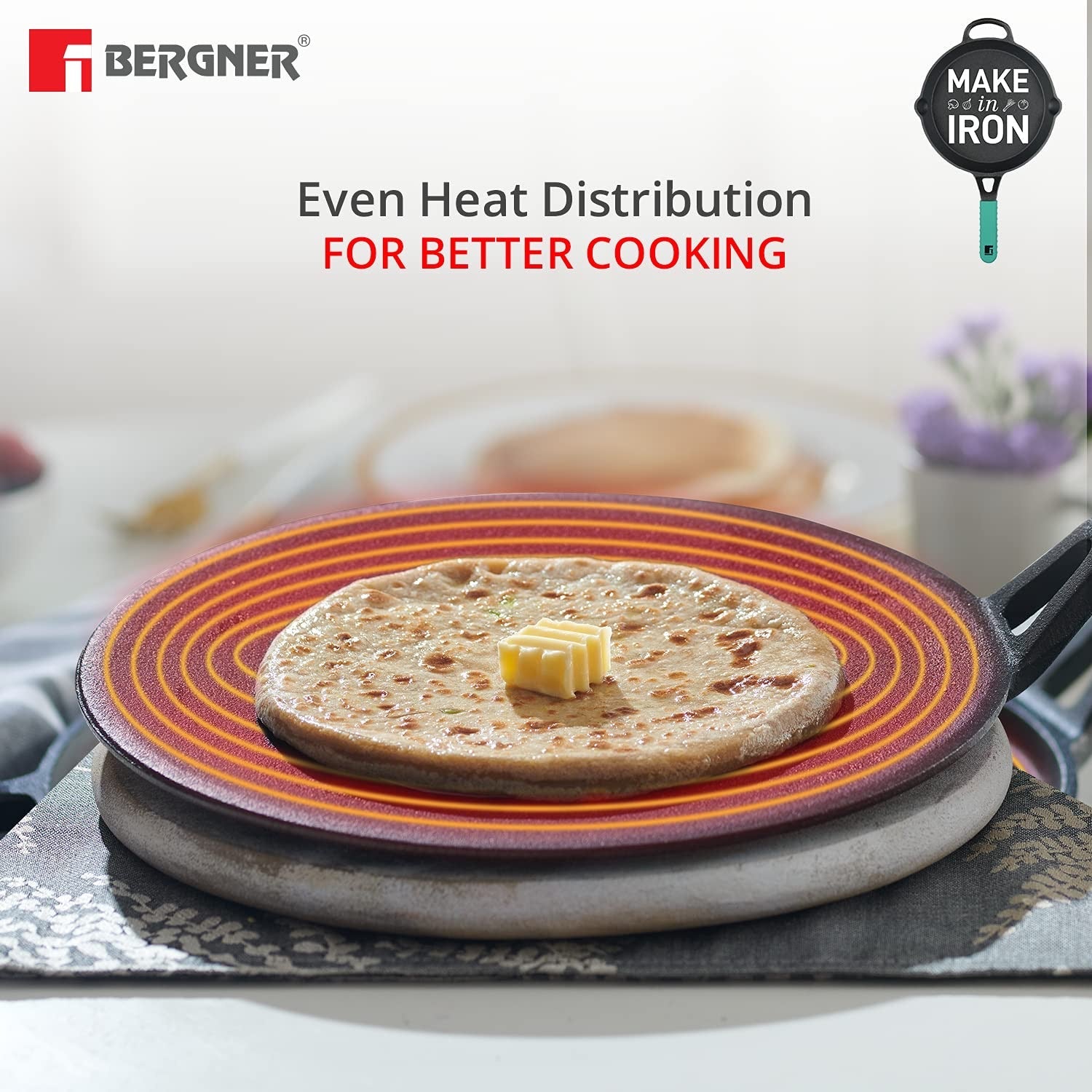 Bergner Elements Cast Iron Concave Tawa, Comes with Silicone Sleeve for Handle - Induction Bottom (Teal)