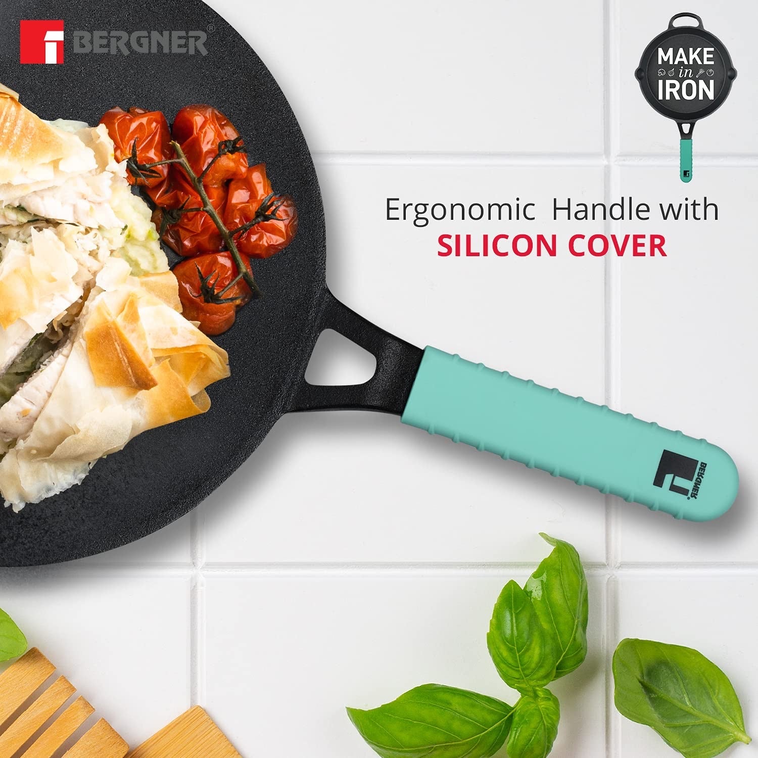 Bergner Elements Cast Iron Concave Tawa, Comes with Silicone Sleeve for Handle - Induction Bottom (Teal)