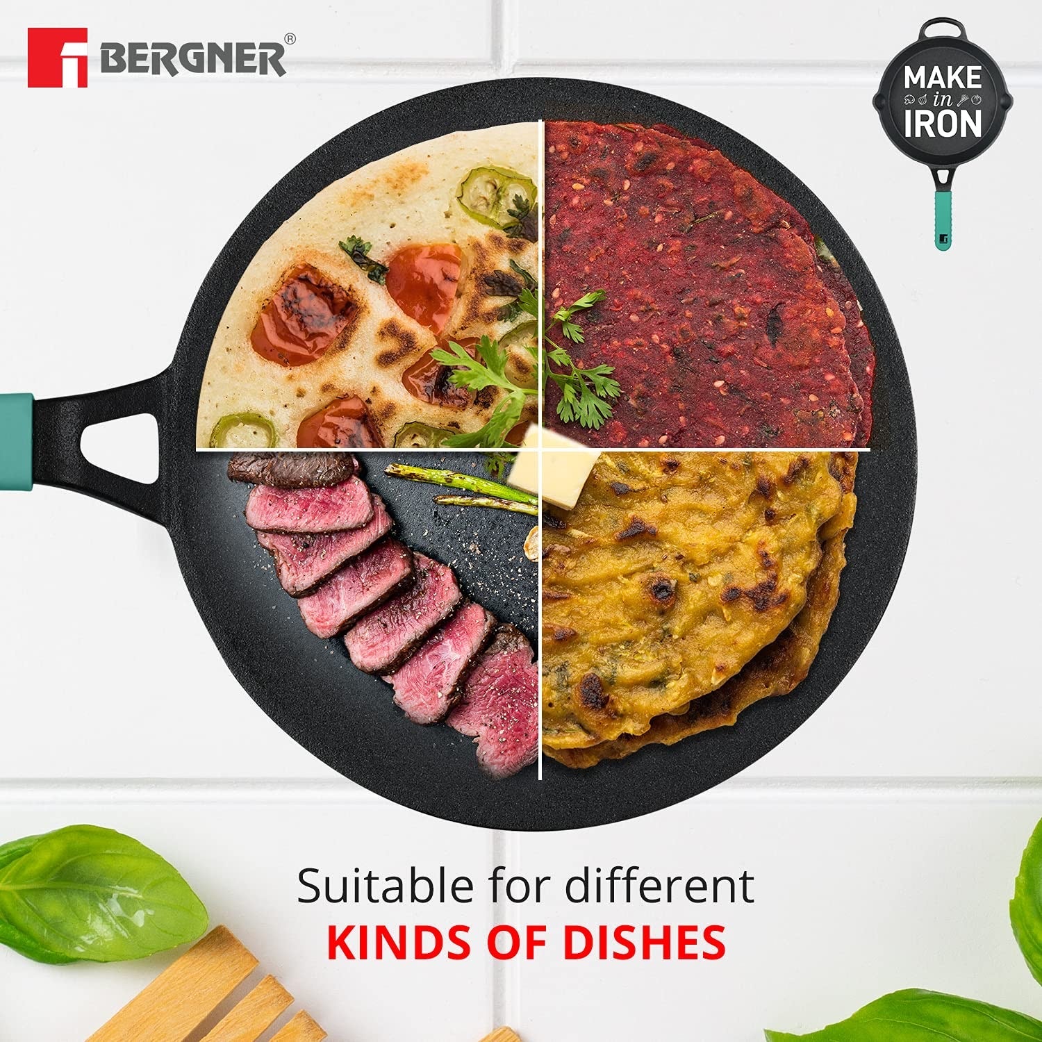 Bergner Elements Cast Iron Concave Tawa, Comes with Silicone Sleeve for Handle - Induction Bottom (Teal)