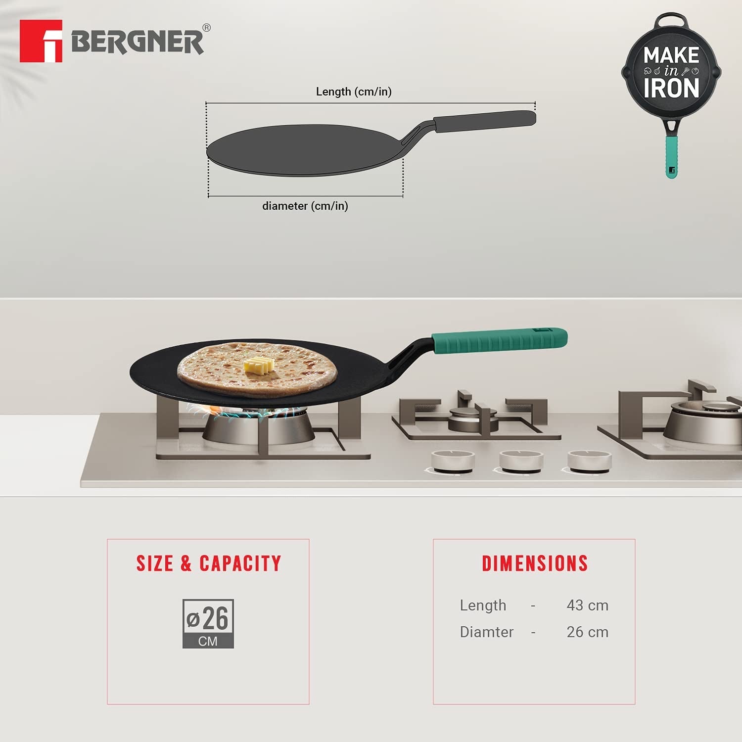 Bergner Elements Cast Iron Concave Tawa, Comes with Silicone Sleeve for Handle - Induction Bottom (Teal)