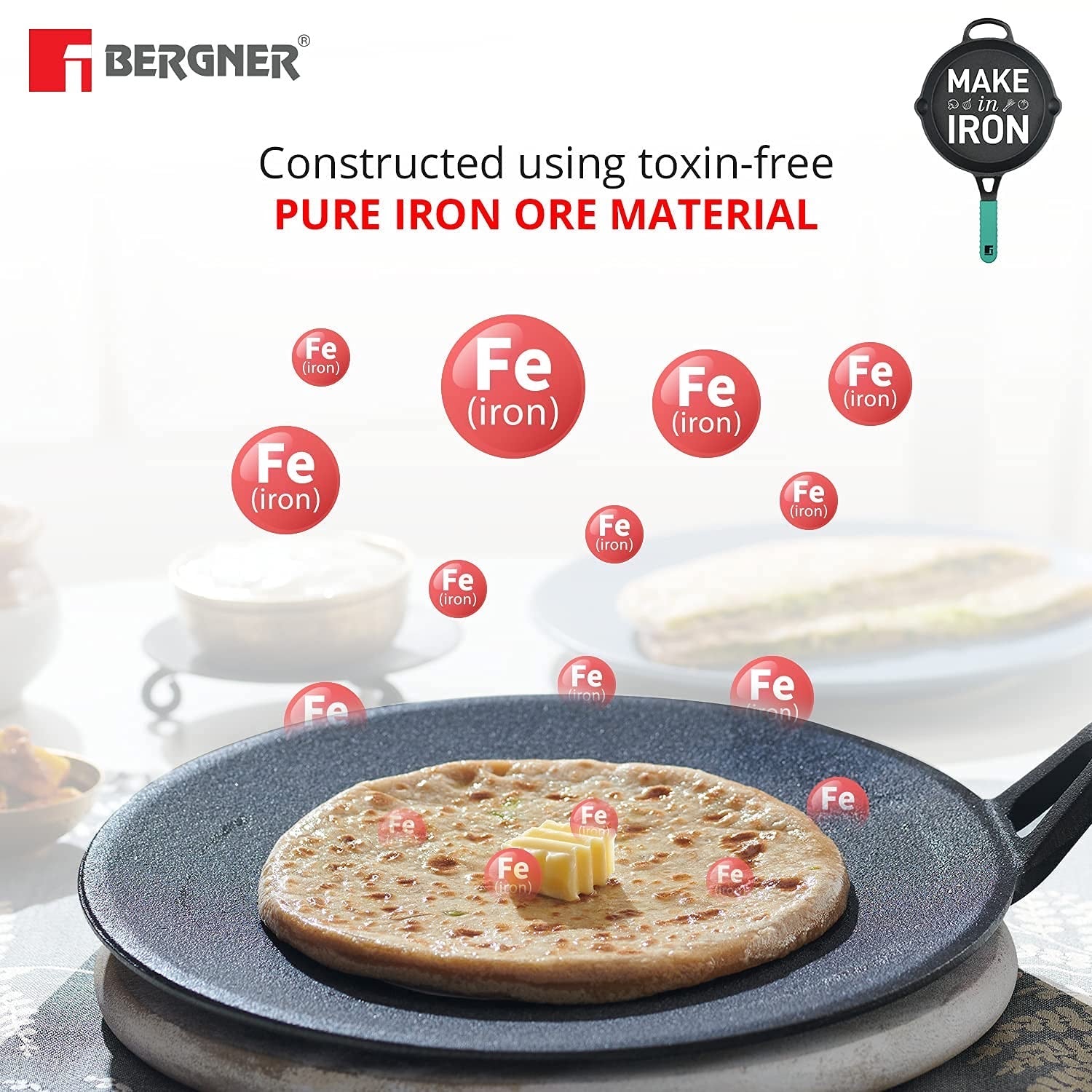 Bergner Elements Cast Iron Concave Tawa, Comes with Silicone Sleeve for Handle - Induction Bottom (Teal)