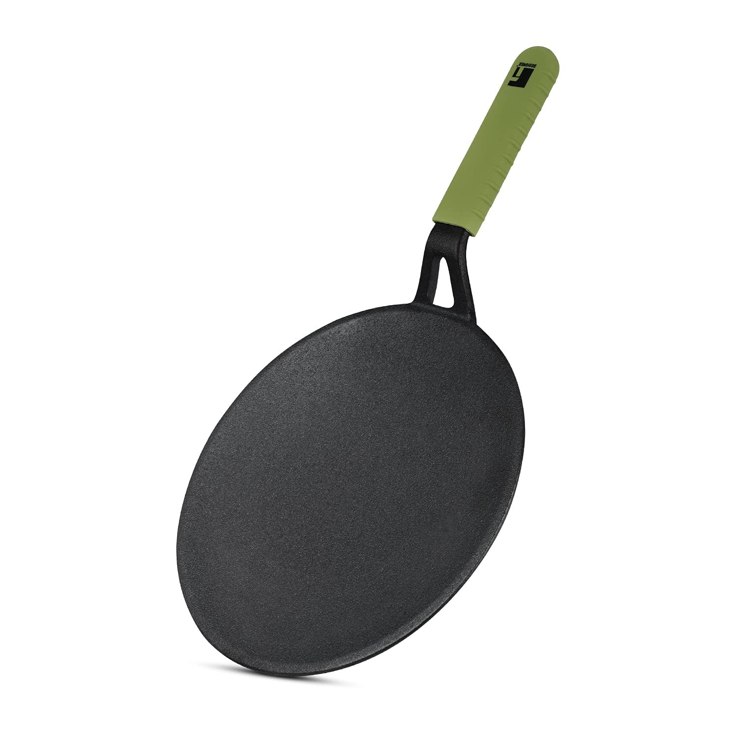 Bergner Elements Cast Iron Concave Tawa, Comes with Silicone Sleeve for Handle - Induction Bottom (Olive Green)