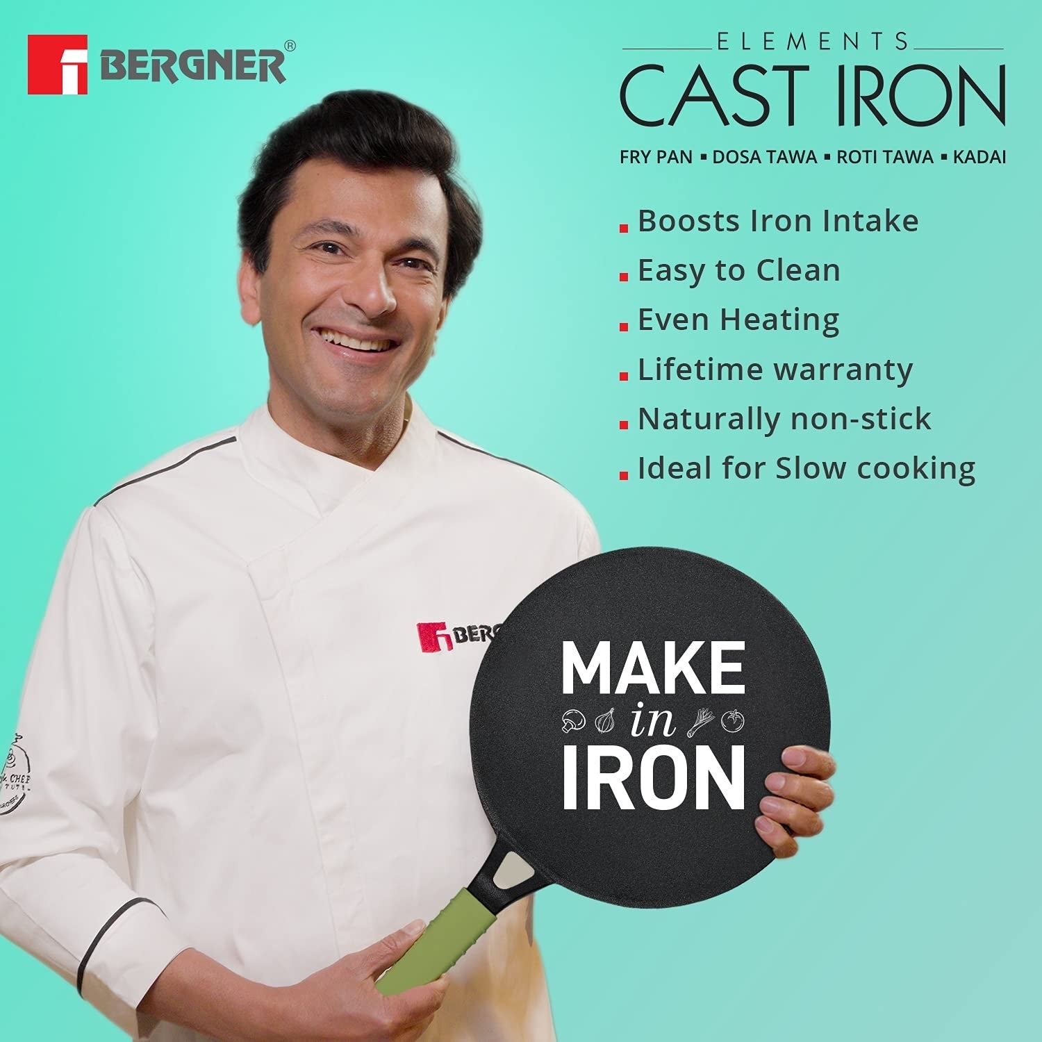 Bergner Elements Cast Iron Concave Tawa, Comes with Silicone Sleeve for Handle - Induction Bottom (Olive Green)