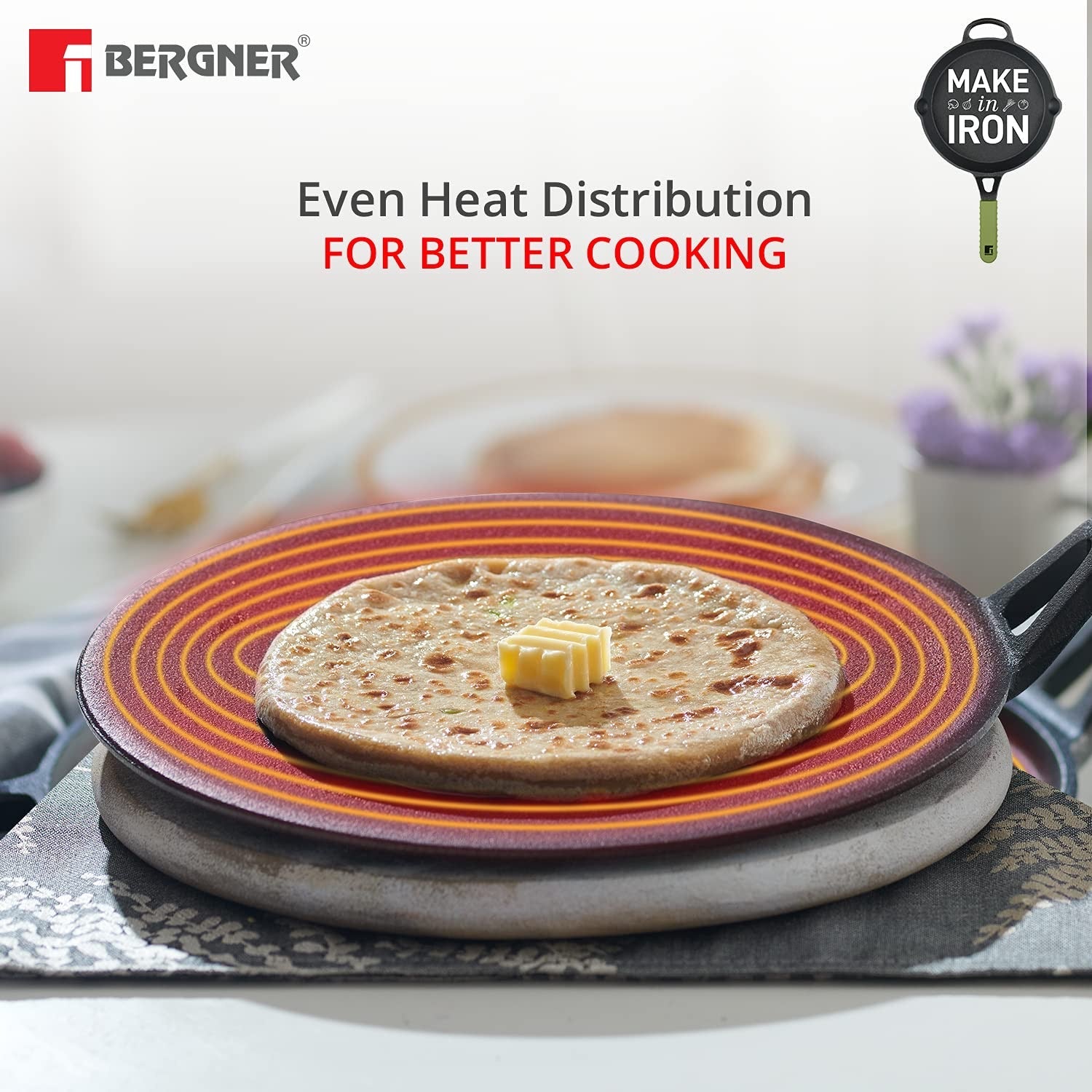 Bergner Elements Cast Iron Concave Tawa, Comes with Silicone Sleeve for Handle - Induction Bottom (Olive Green)