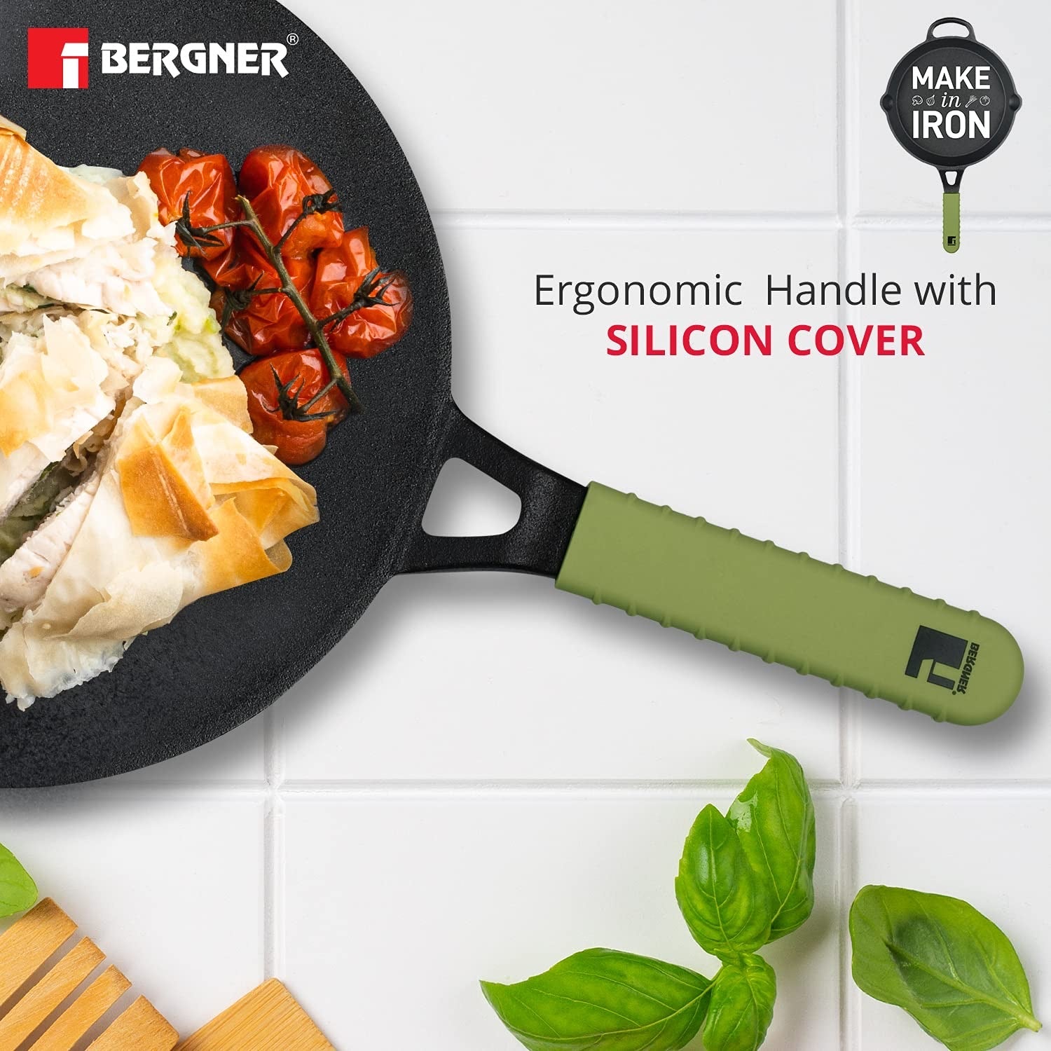 Bergner Elements Cast Iron Concave Tawa, Comes with Silicone Sleeve for Handle - Induction Bottom (Olive Green)