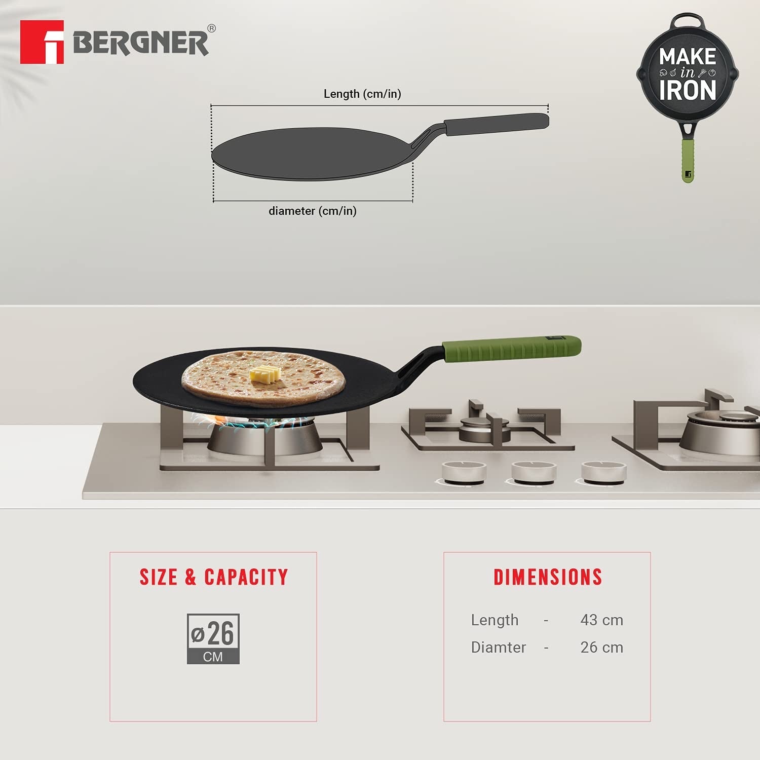 Bergner Elements Cast Iron Concave Tawa, Comes with Silicone Sleeve for Handle - Induction Bottom (Olive Green)