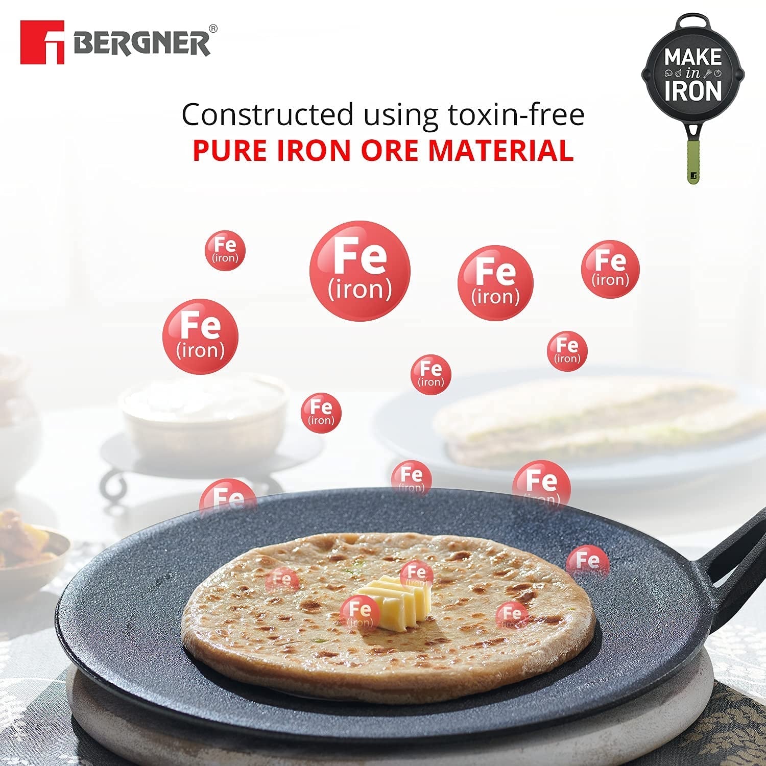 Bergner Elements Cast Iron Concave Tawa, Comes with Silicone Sleeve for Handle - Induction Bottom (Olive Green)