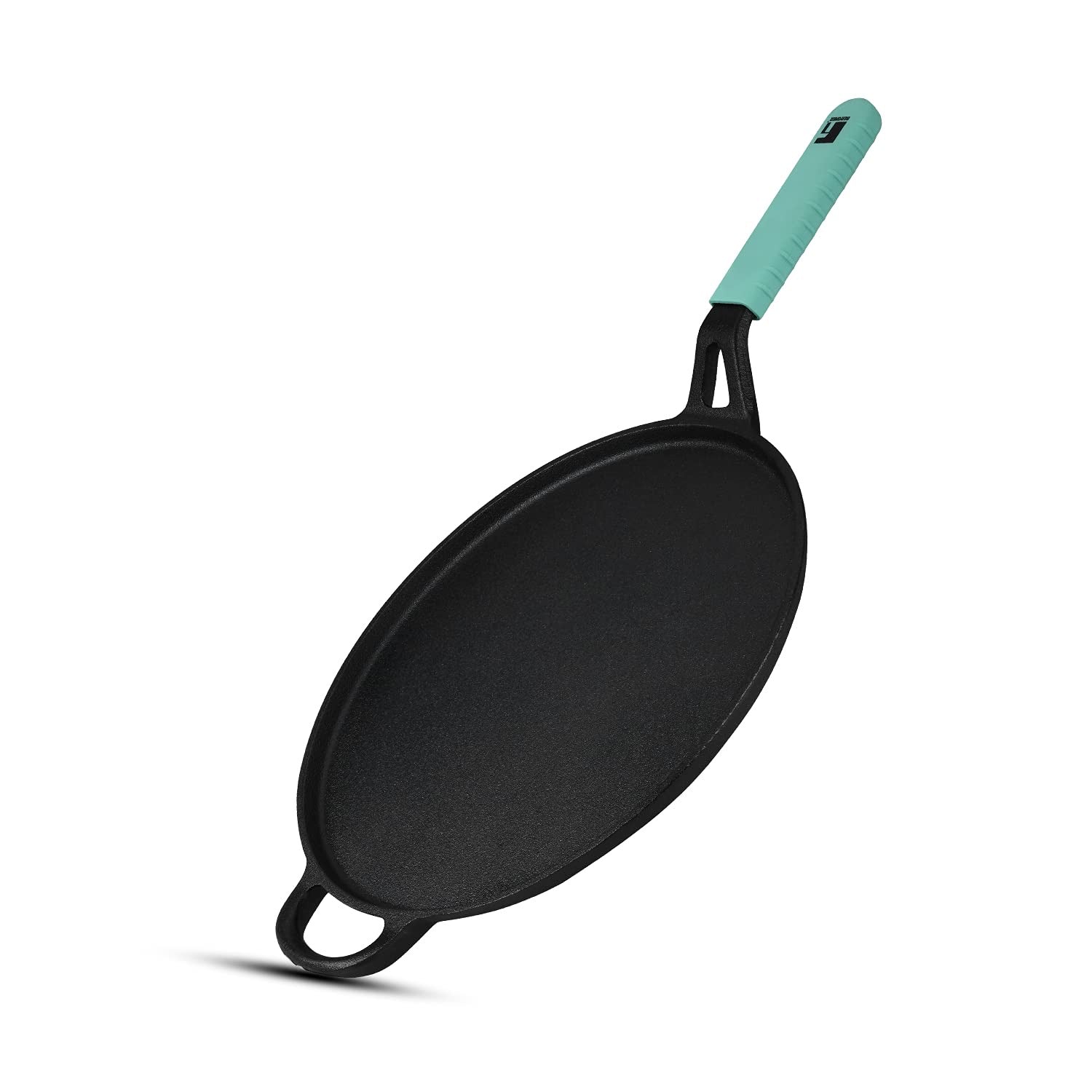 Bergner Elements Cast Iron Tawa, Comes with Silicone Sleeve for Handle - Induction Bottom (Teal)