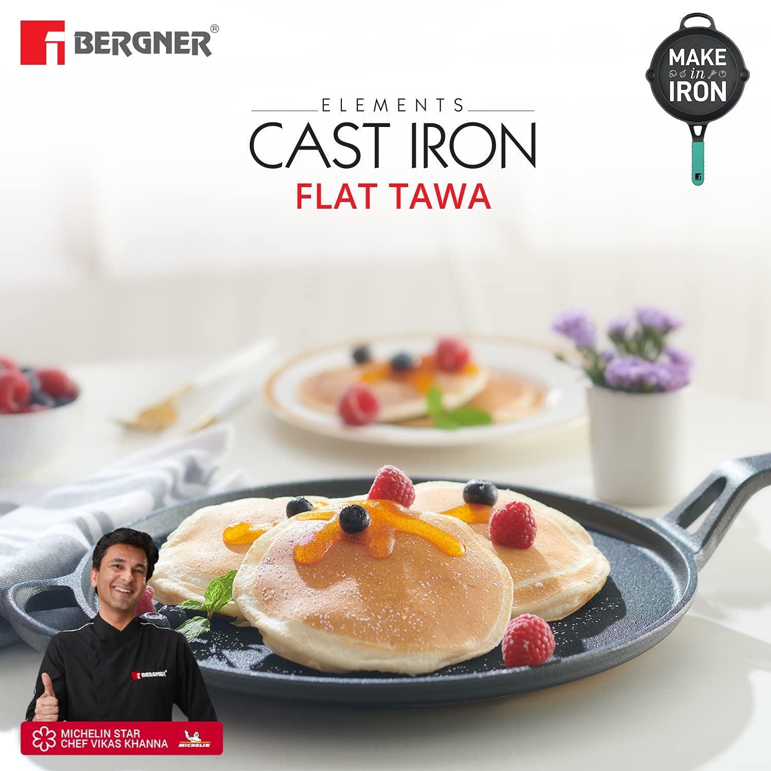 Bergner Elements Cast Iron Tawa, Comes with Silicone Sleeve for Handle - Induction Bottom (Teal)