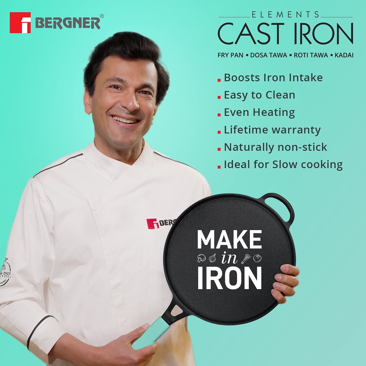 Bergner Elements Cast Iron Tawa, Comes with Silicone Sleeve for Handle - Induction Bottom (Teal)