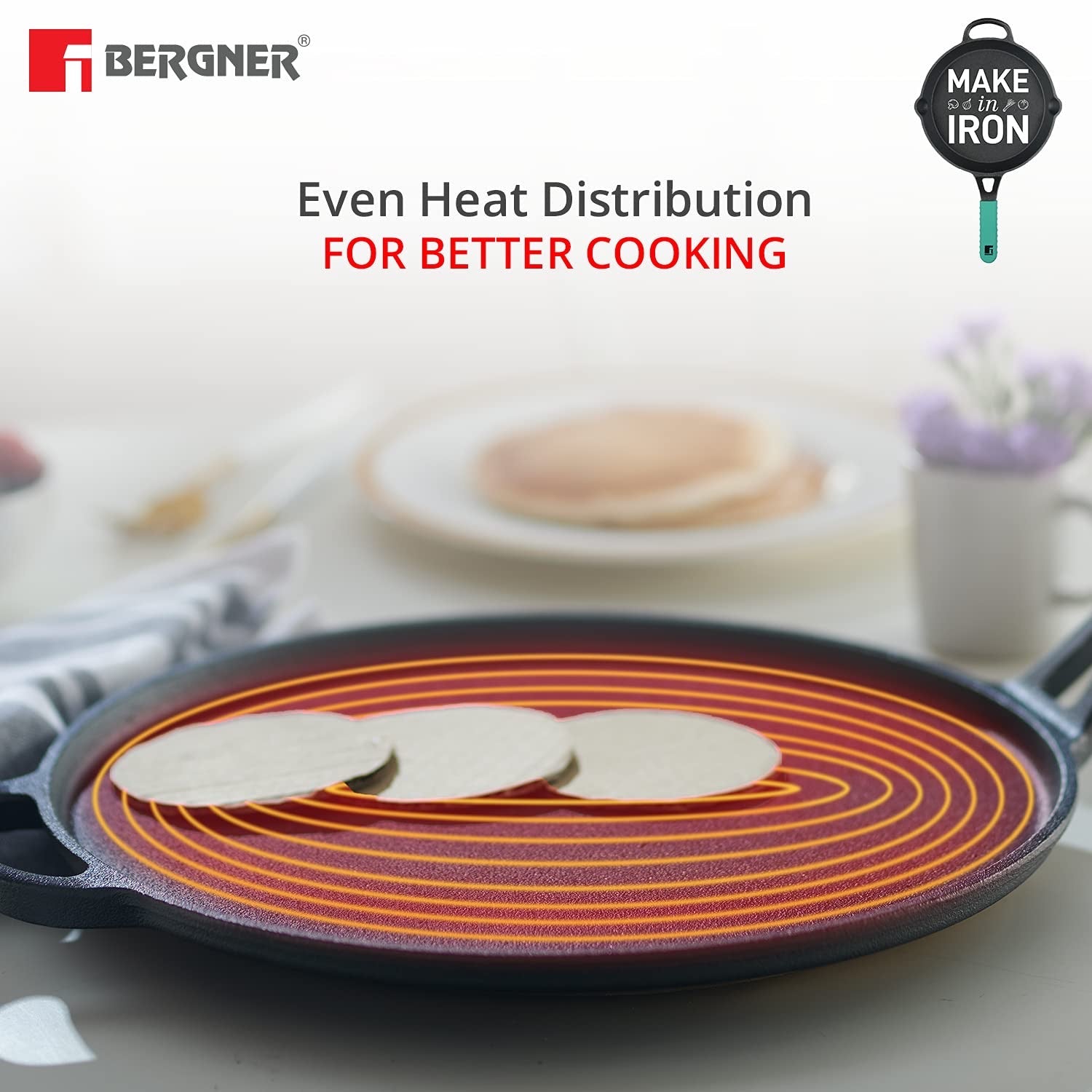 Bergner Elements Cast Iron Tawa, Comes with Silicone Sleeve for Handle - Induction Bottom (Teal)