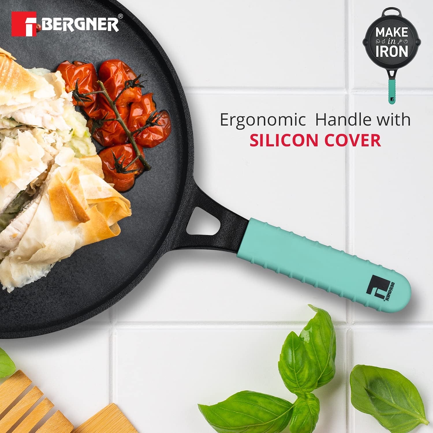 Bergner Elements Cast Iron Tawa, Comes with Silicone Sleeve for Handle - Induction Bottom (Teal)