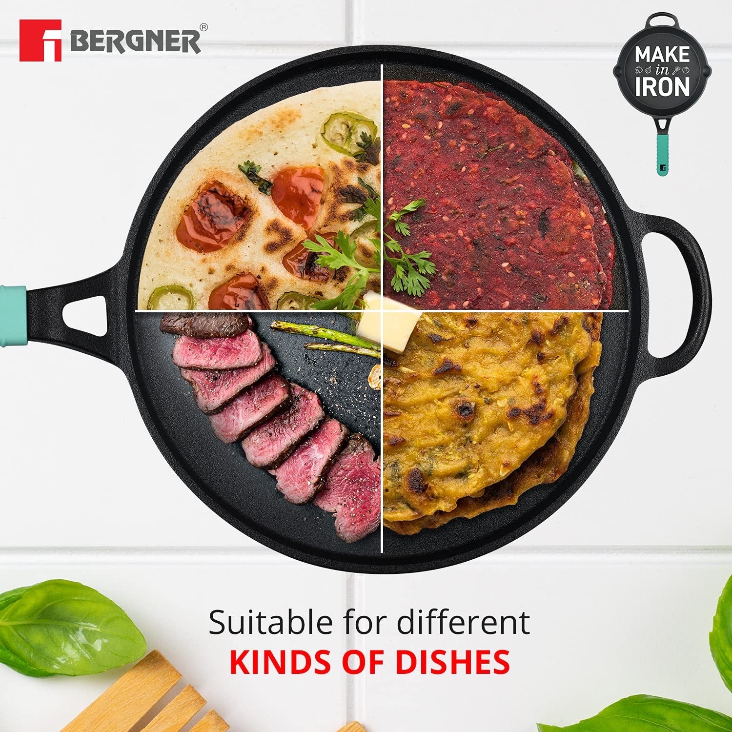 Bergner Elements Cast Iron Tawa, Comes with Silicone Sleeve for Handle - Induction Bottom (Teal)