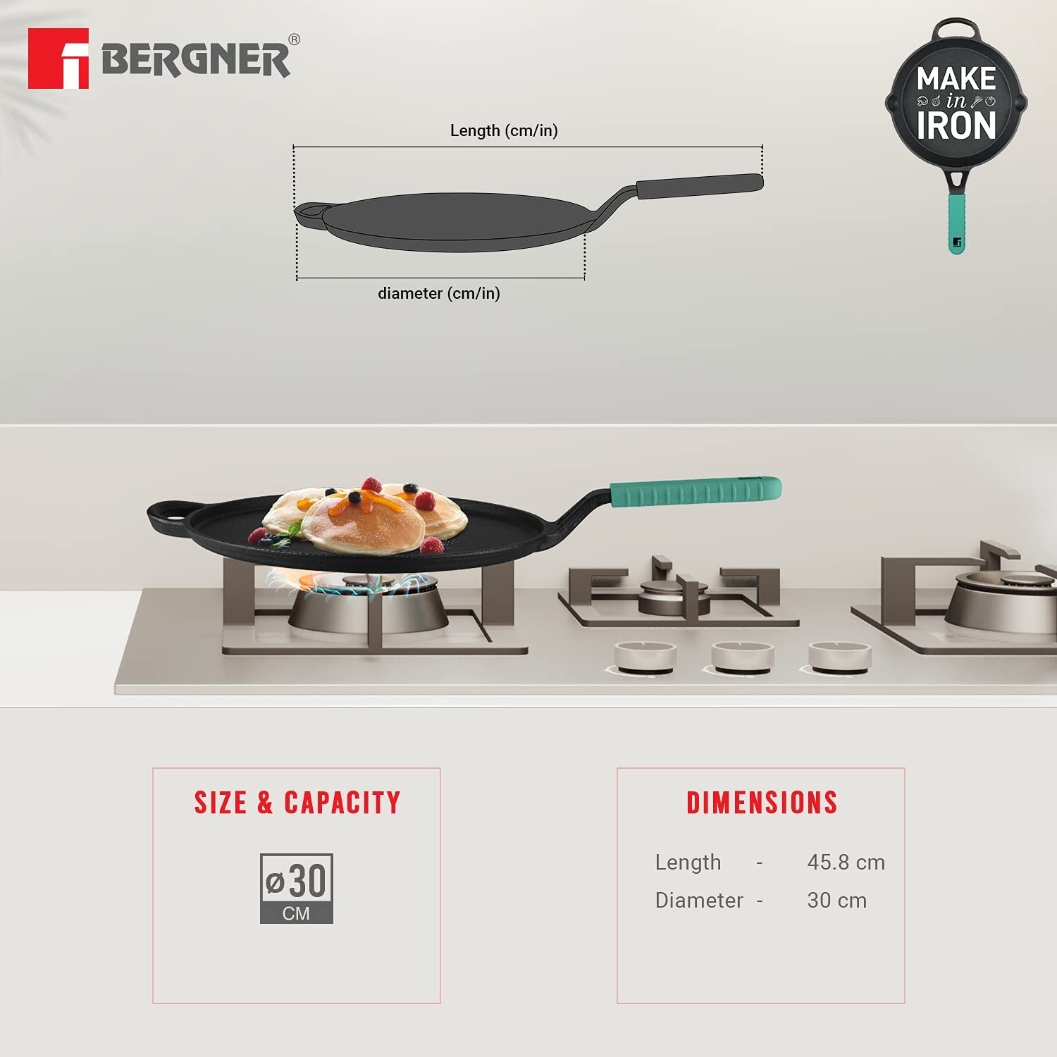 Bergner Elements Cast Iron Tawa, Comes with Silicone Sleeve for Handle - Induction Bottom (Teal)