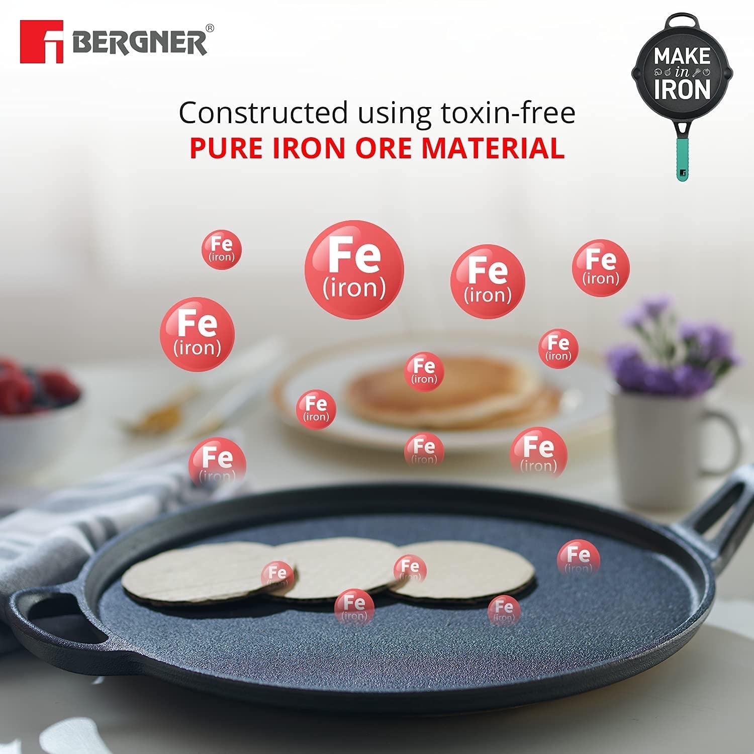 Bergner Elements Cast Iron Tawa, Comes with Silicone Sleeve for Handle - Induction Bottom (Teal)