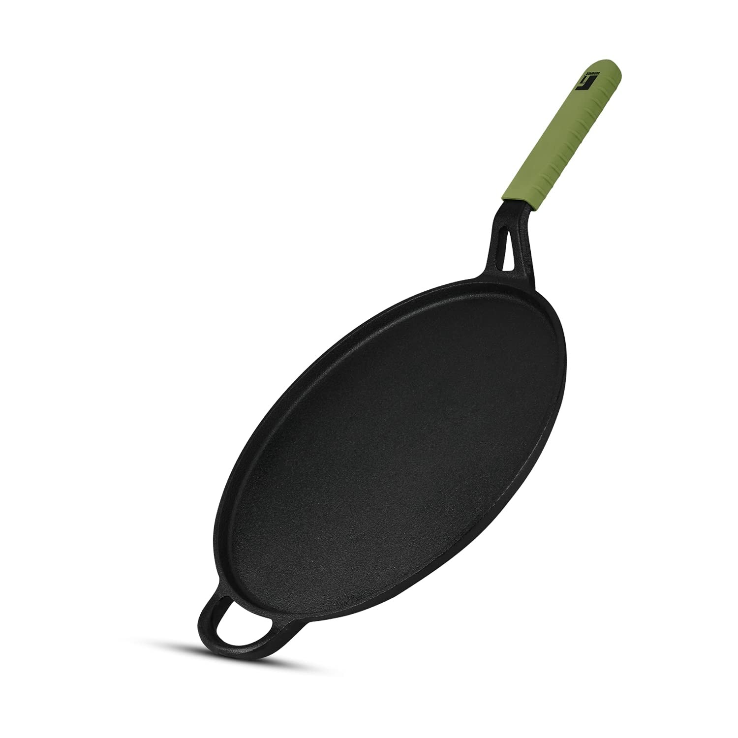 Bergner Elements Cast Iron Tawa, Comes with Silicone Sleeve for Handle - Induction Bottom (Olive Green)