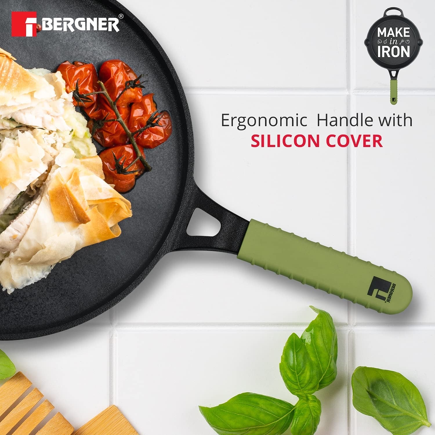 Bergner Elements Cast Iron Tawa, Comes with Silicone Sleeve for Handle - Induction Bottom (Olive Green)