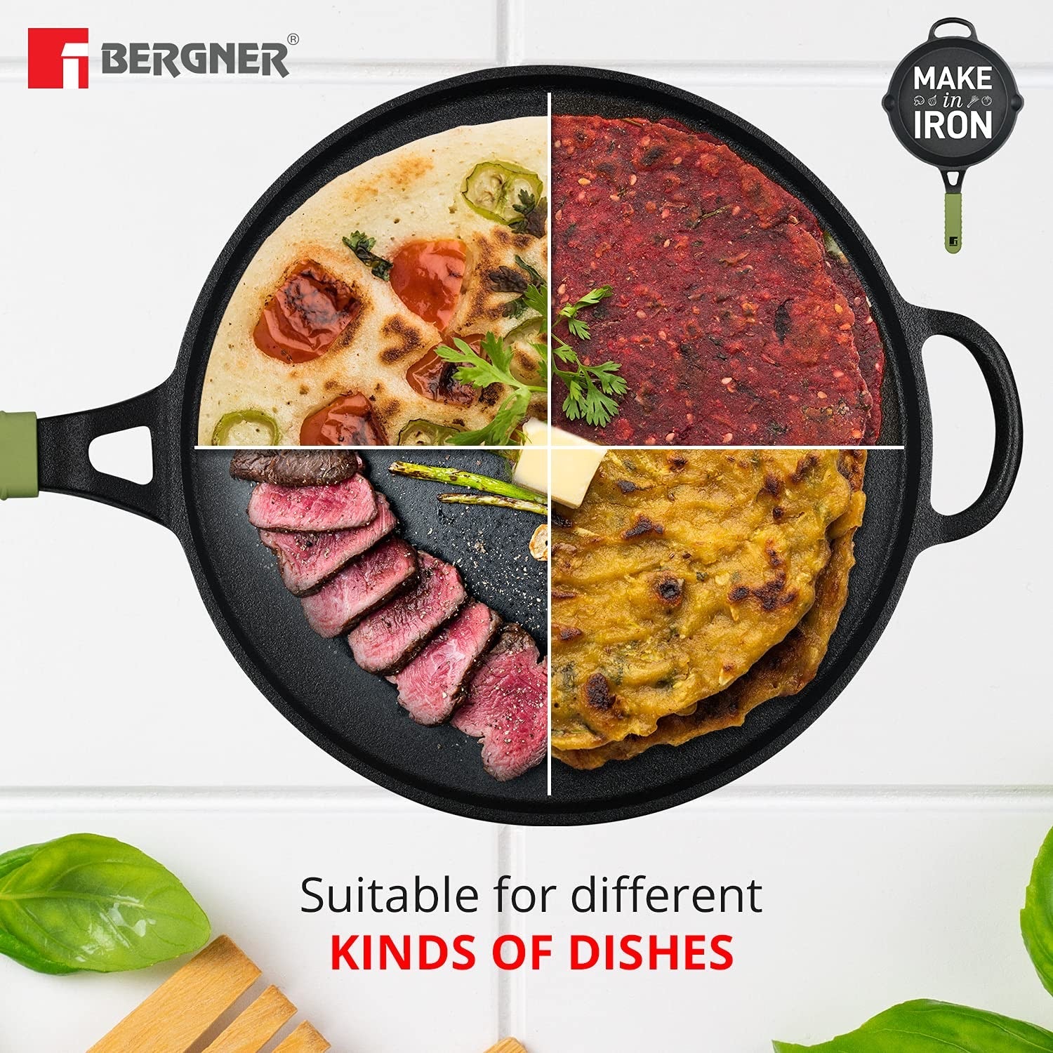 Bergner Elements Cast Iron Tawa, Comes with Silicone Sleeve for Handle - Induction Bottom (Olive Green)