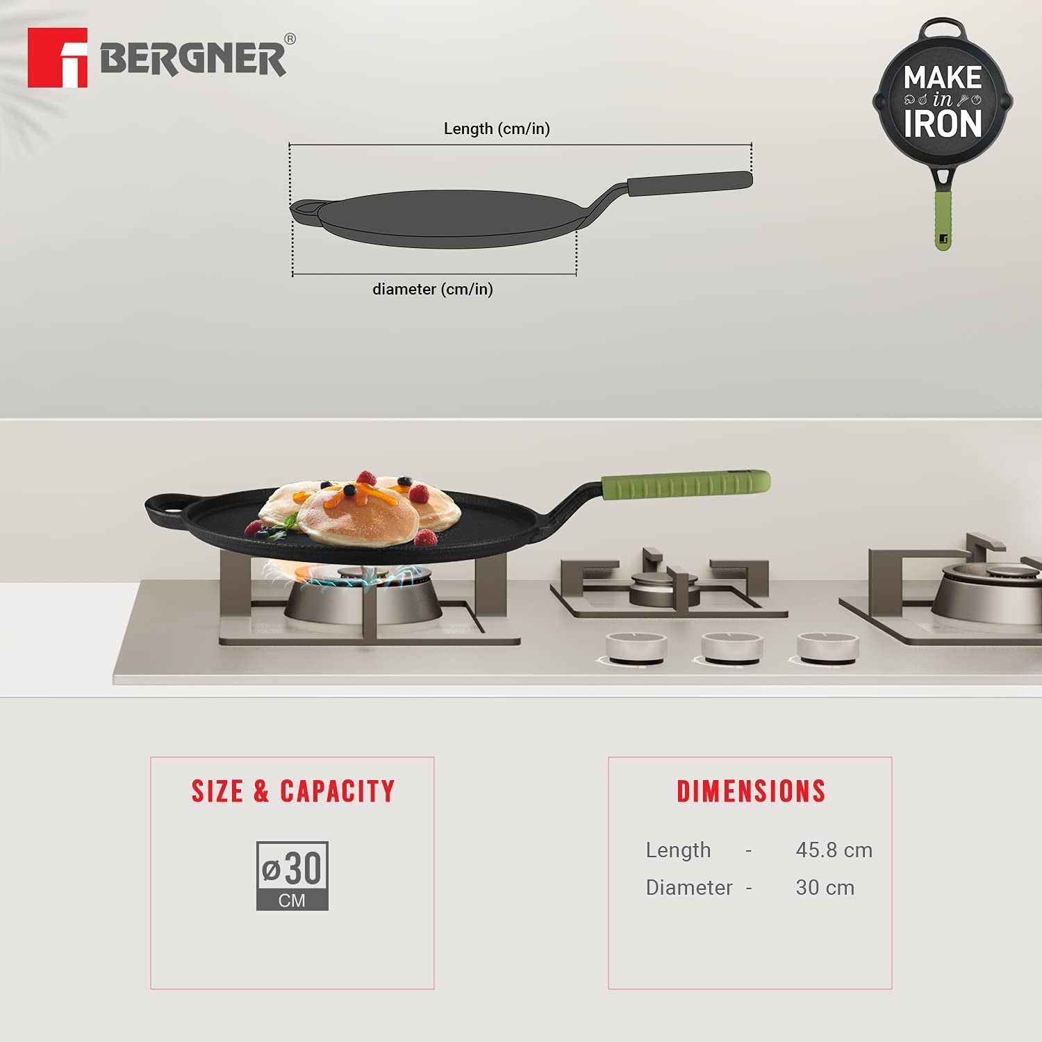 Bergner Elements Cast Iron Tawa, Comes with Silicone Sleeve for Handle - Induction Bottom (Olive Green)