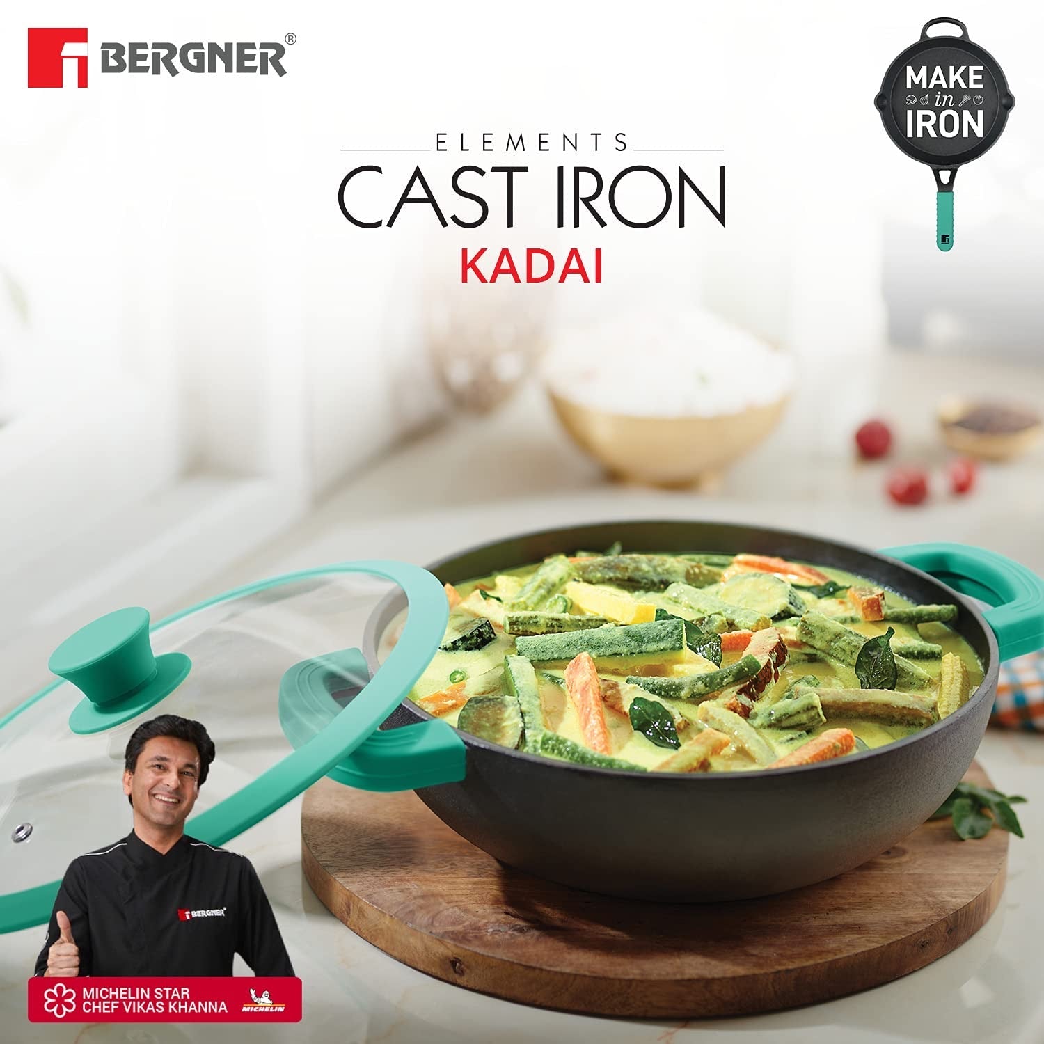 Bergner Elements Pre-Seasoned Cast Iron 23cm (2.8 Liters) Kadai with Glass Lid, Comes with Silicon Handle Sleeves - Induction Bottom (Teal)