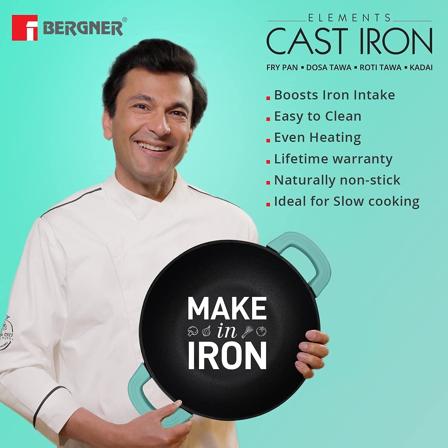 Bergner Elements Pre-Seasoned Cast Iron 23cm (2.8 Liters) Kadai with Glass Lid, Comes with Silicon Handle Sleeves - Induction Bottom (Teal)