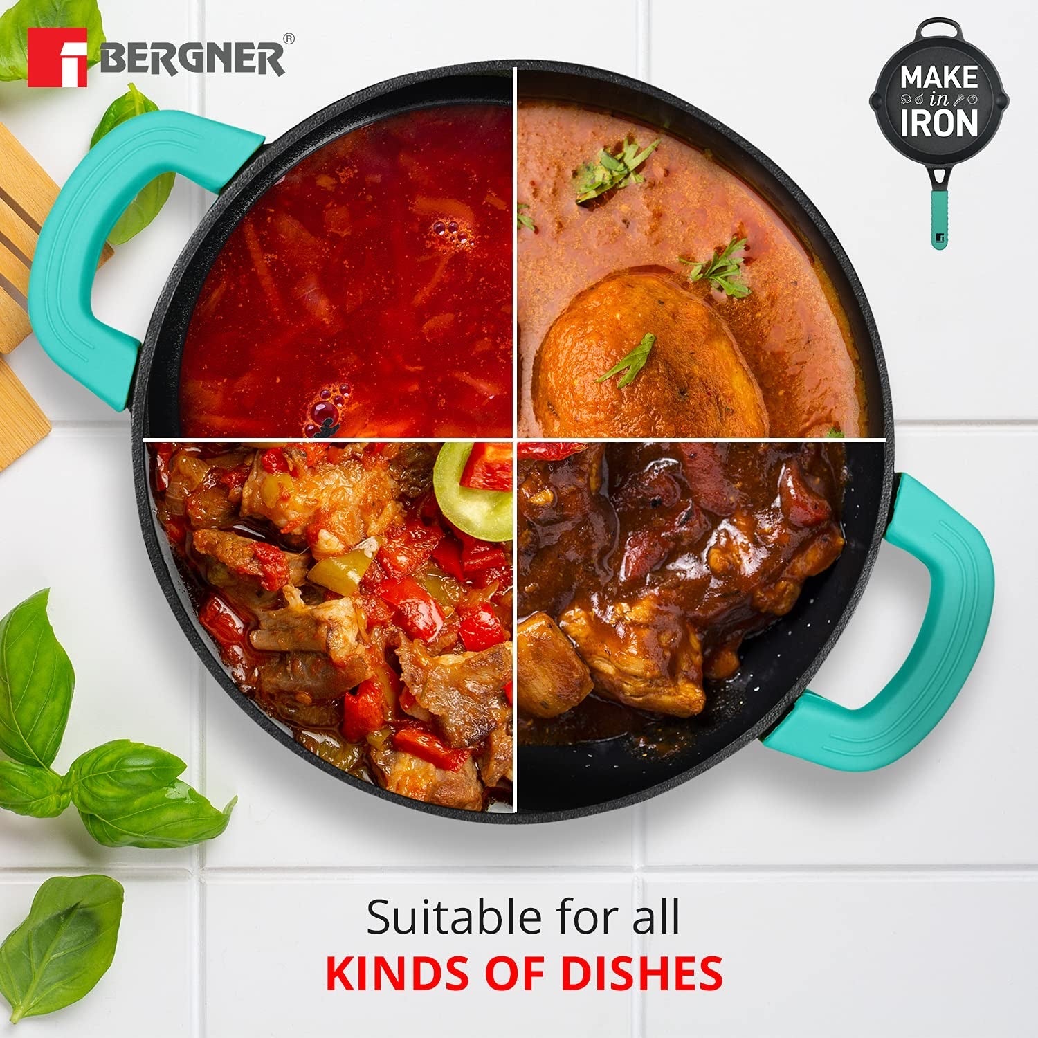 Bergner Elements Pre-Seasoned Cast Iron 23cm (2.8 Liters) Kadai with Glass Lid, Comes with Silicon Handle Sleeves - Induction Bottom (Teal)